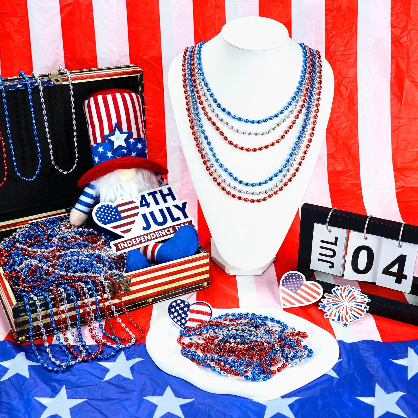 SHAOQINLIN 100 PCS Patriotic Bead Necklaces – 30.5-Inch Red Blue Silver Oval Beads
