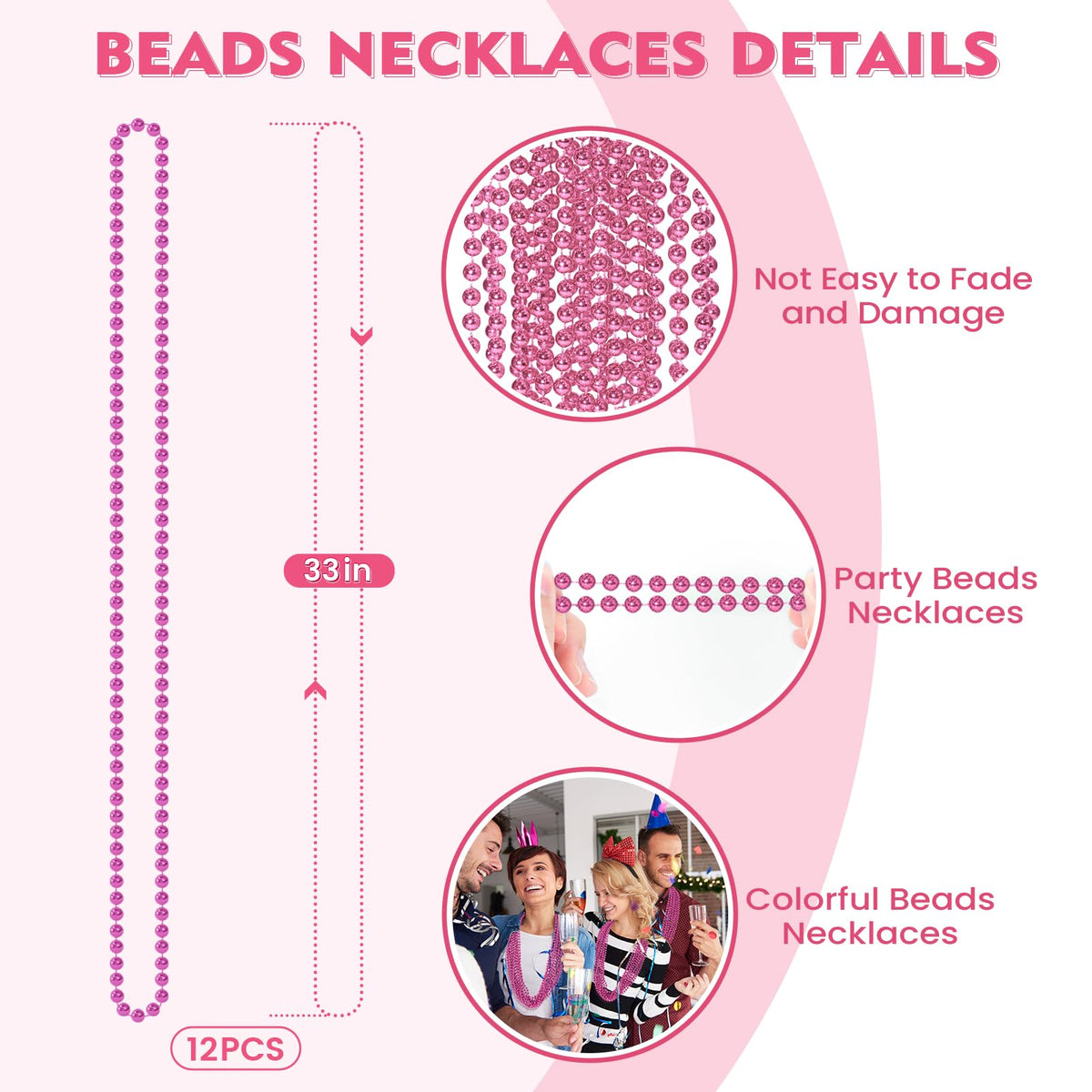 SHAOQINLIN 12-Piece Pink Bead Necklace Set | 33-Inch Mardi Gras Beads for Parties and Events