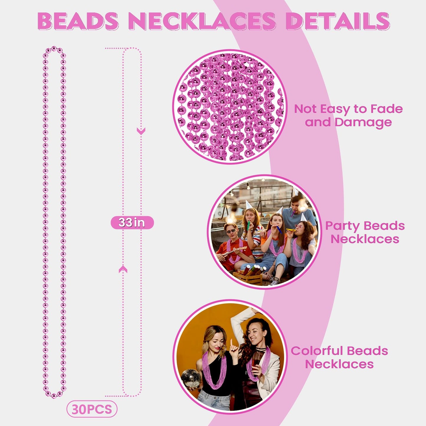 SHAOQINLIN 30 Pcs Pink Bead Necklace – 33" Pink Mardi Gras Beads for Parties