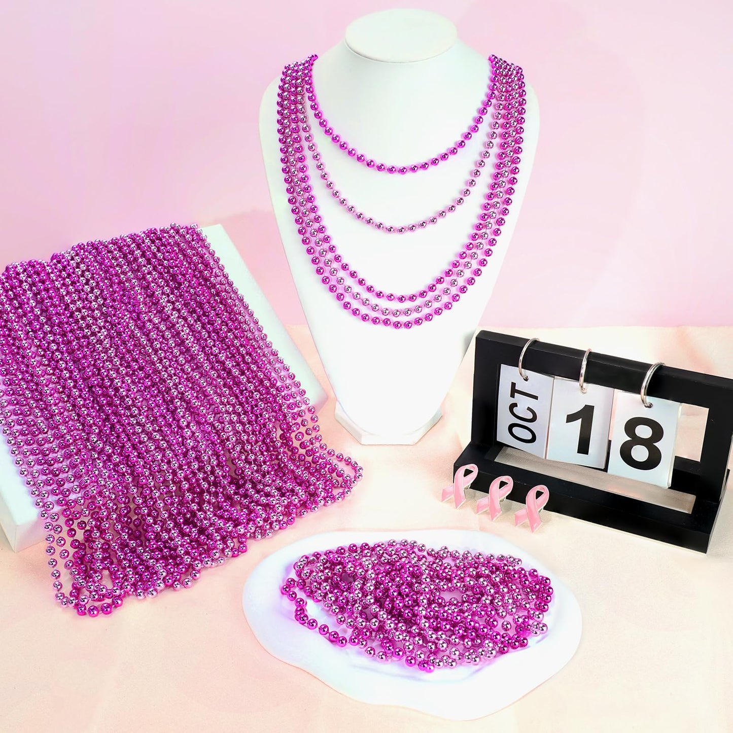 SHAOQINLIN 12-Piece Breast Cancer Awareness Beads Necklaces – Hot Pink, 33-Inch Parade Accessories