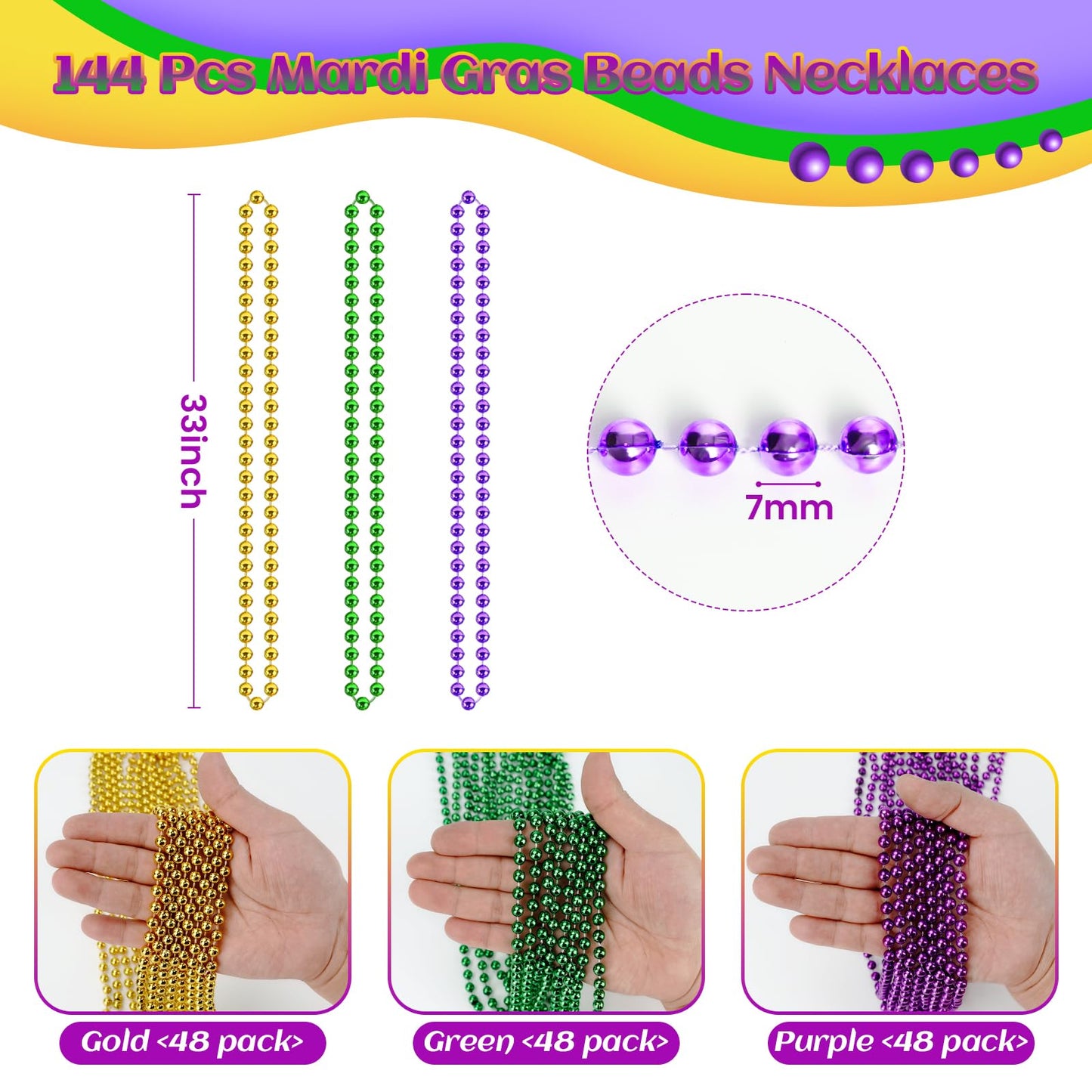 SHAOQINLIN 144 PCS Mardi Gras Beads Necklaces – 33-inch Gold, Green & Purple Bulk