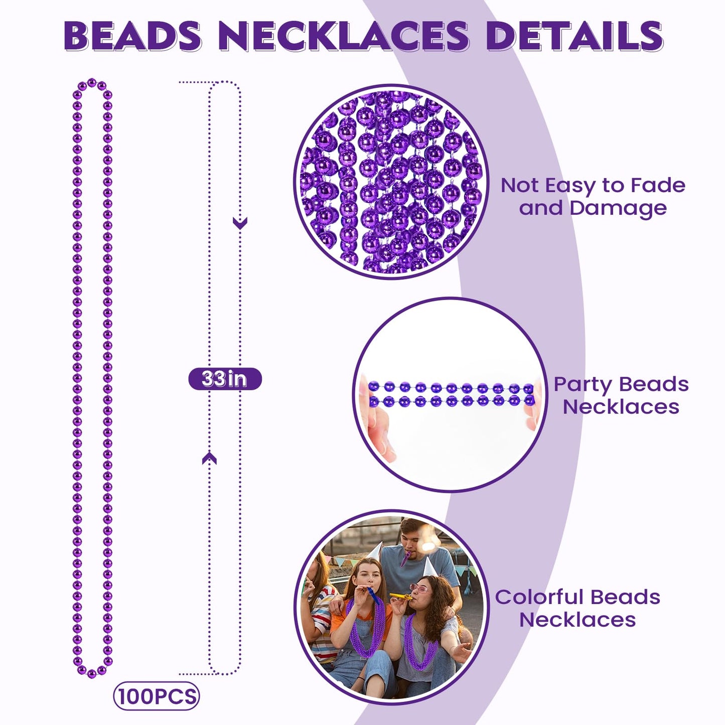SHAOQINLIN 100 PCS Purple Mardi Gras Beads – 33in Metallic Beaded Necklaces for Parties & Parades