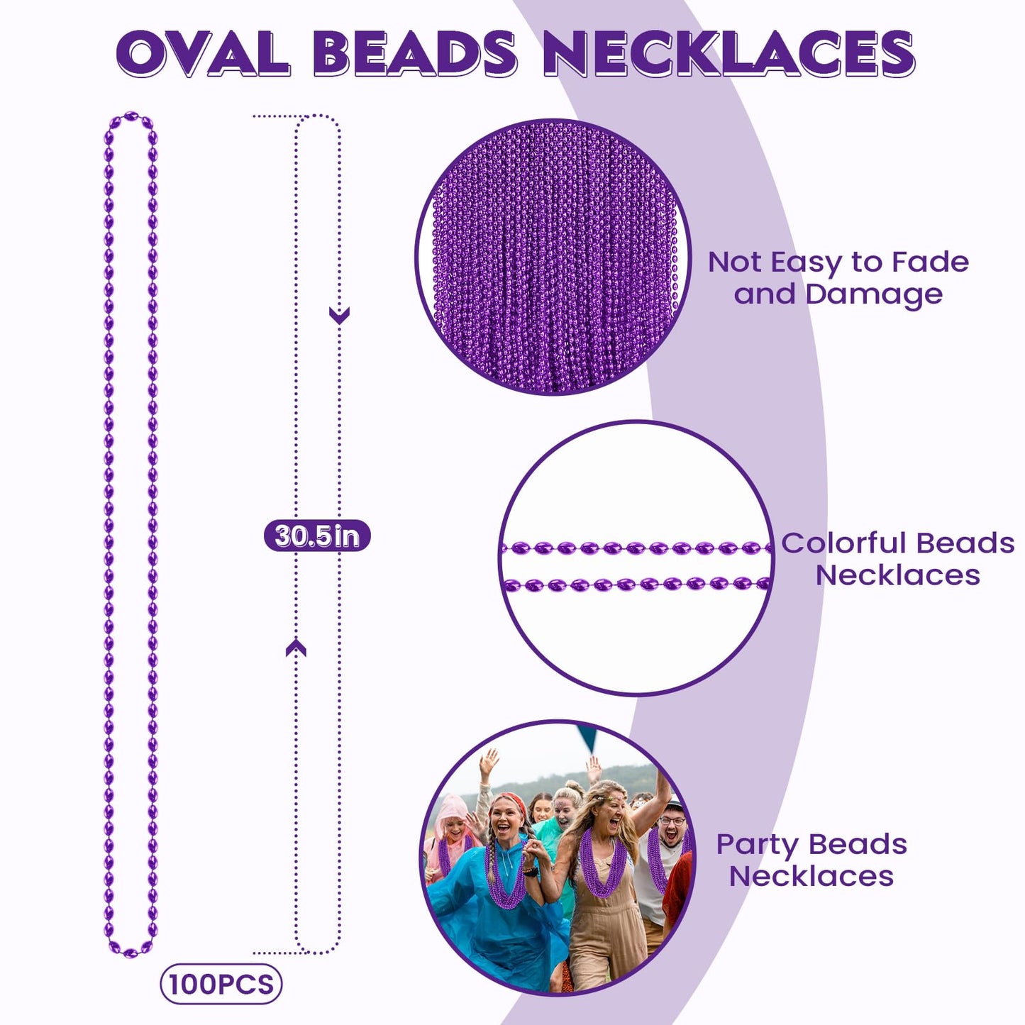 SHAOQINLIN 100 Pcs Purple Mardi Gras Beads – Oval Necklaces, 30.5-Inch Metallic Beaded Party Favors