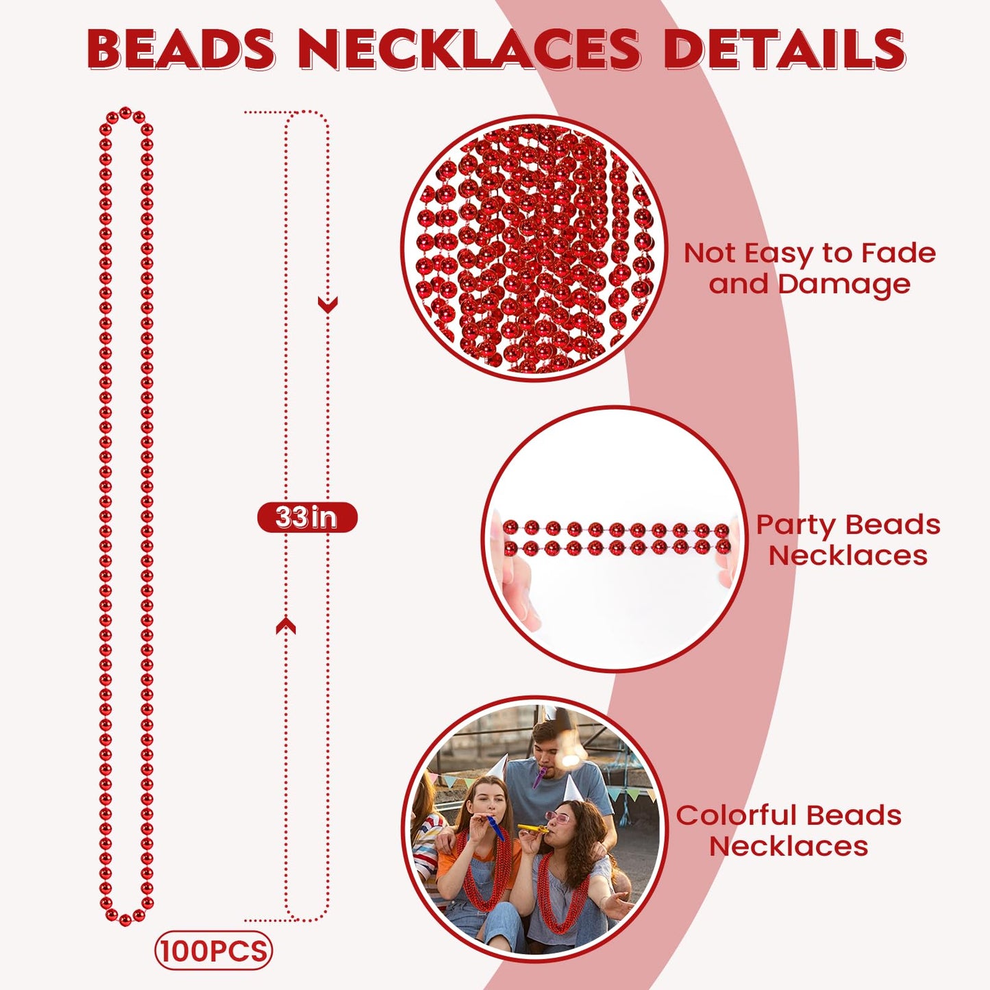SHAOQINLIN 100 PCS Red Mardi Gras Beads – 33in Plastic Bead Necklaces for Parties, Weddings & Celebrations