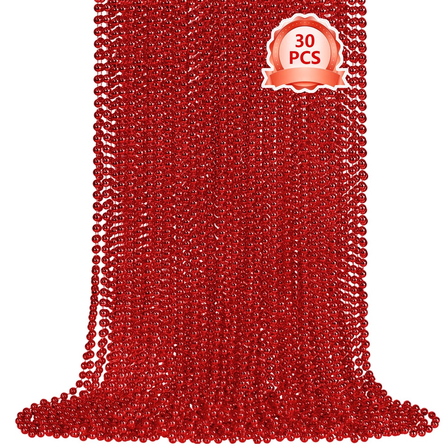 SHAOQINLIN 30 Pcs Red Mardi Gras Beads – 33-Inch Metallic Beaded Necklaces for Parties & Parade Throws