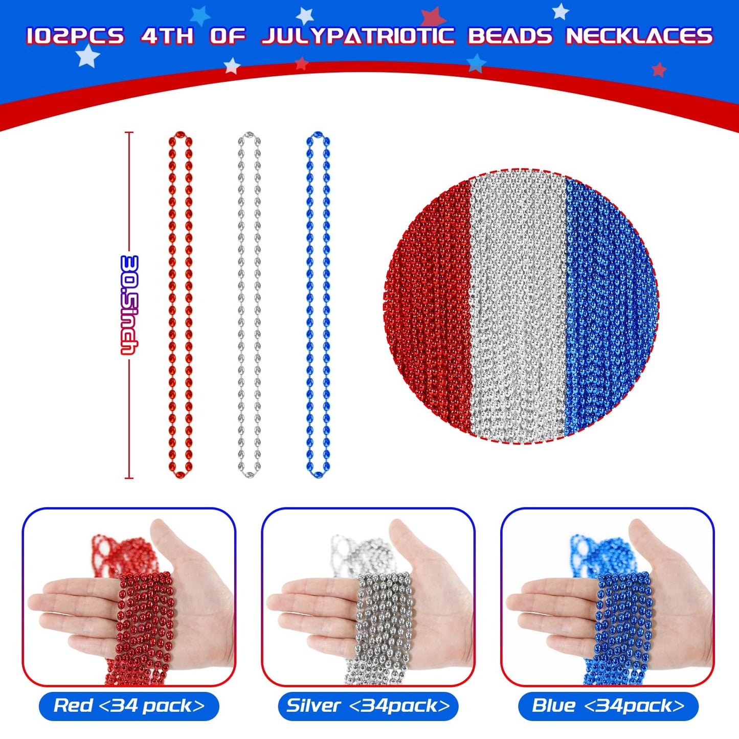 SHAOQINLIN 100 PCS Patriotic Bead Necklaces – 30.5-Inch Red Blue Silver Oval Beads