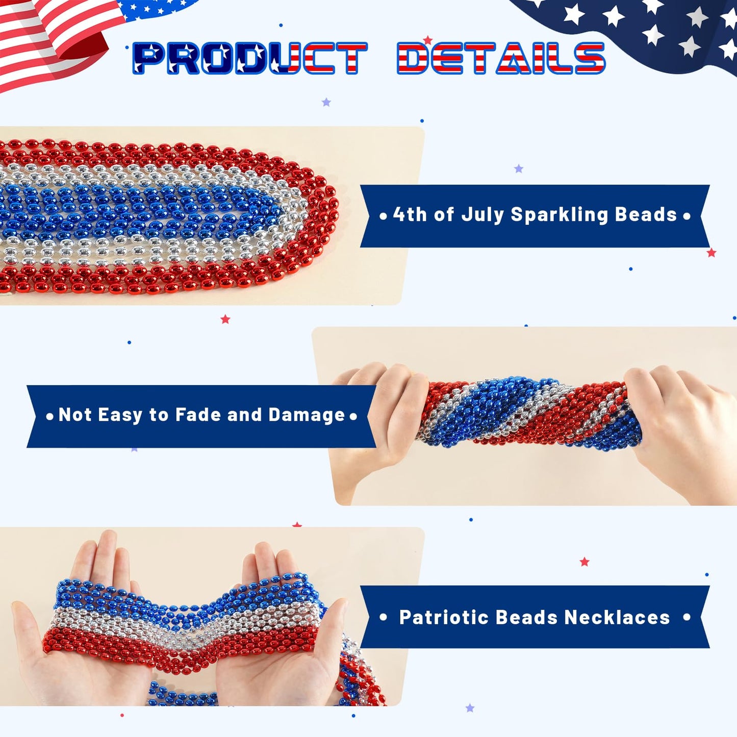 SHAOQINLIN 100 PCS Patriotic Bead Necklaces – 30.5-Inch Red Blue Silver Oval Beads