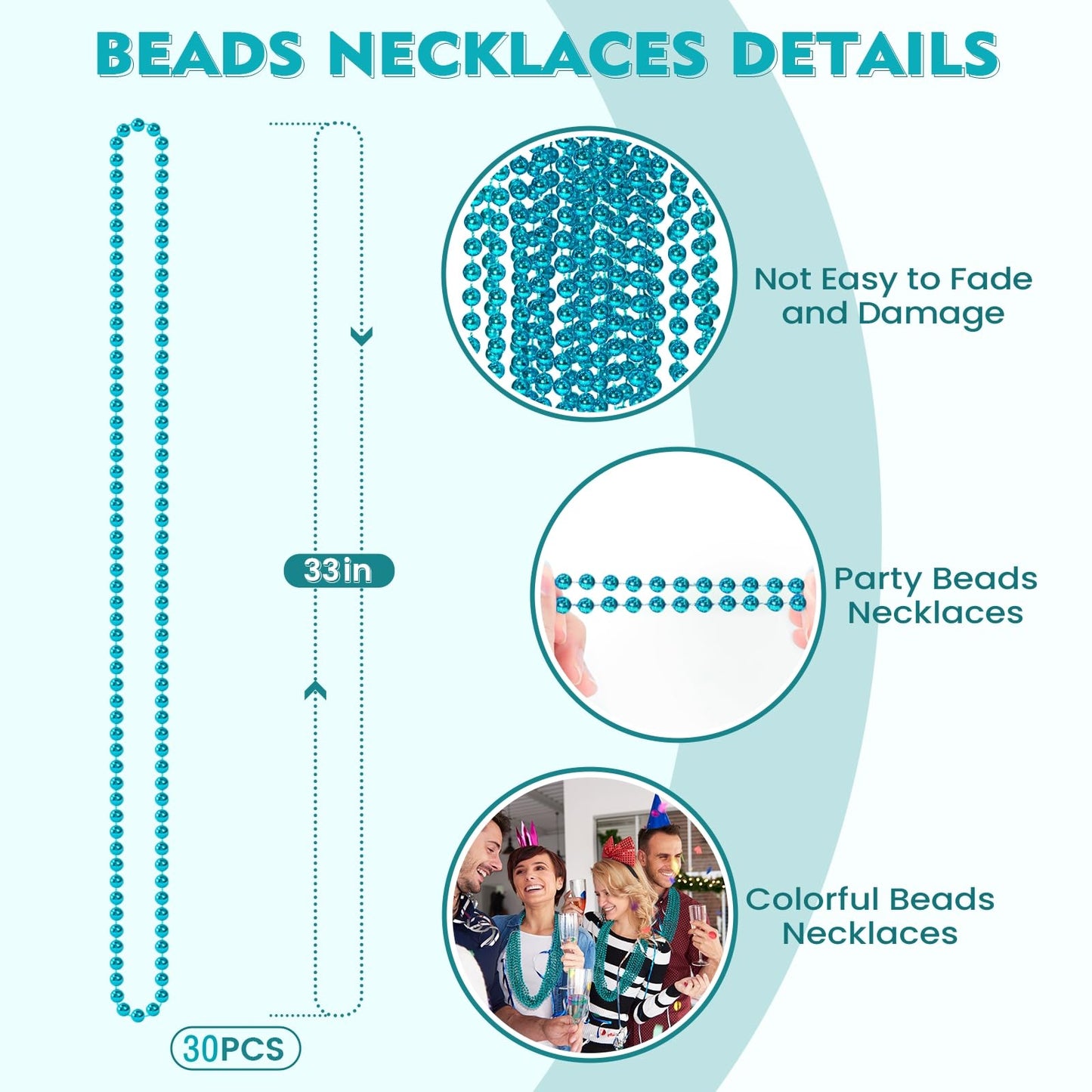 SHAOQINLIN 30-Pack Teal Bead Necklaces for Mardi Gras & Party Favors