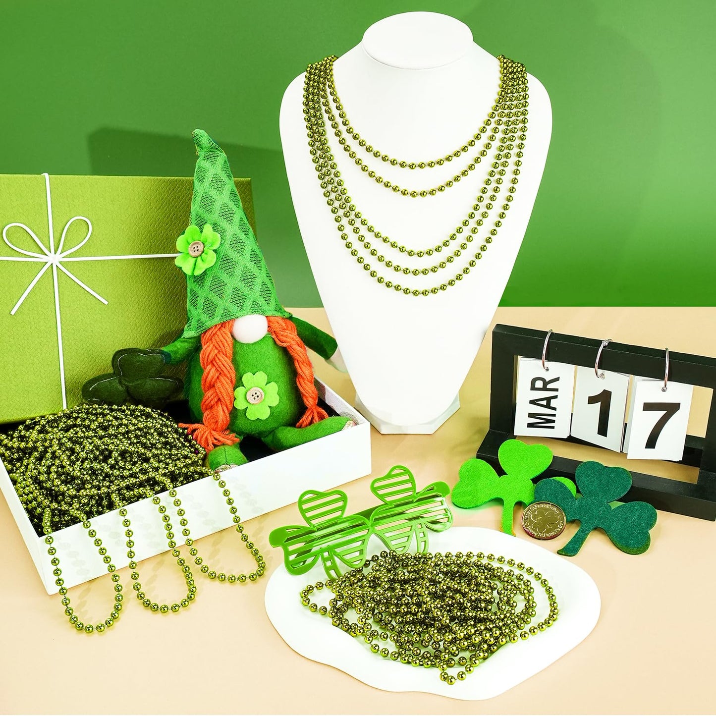 SHAOQINLIN 12 PCS St Patrick's Day Bead Necklace, 33 Inch Light Green Mardi Gras Beads for Parties