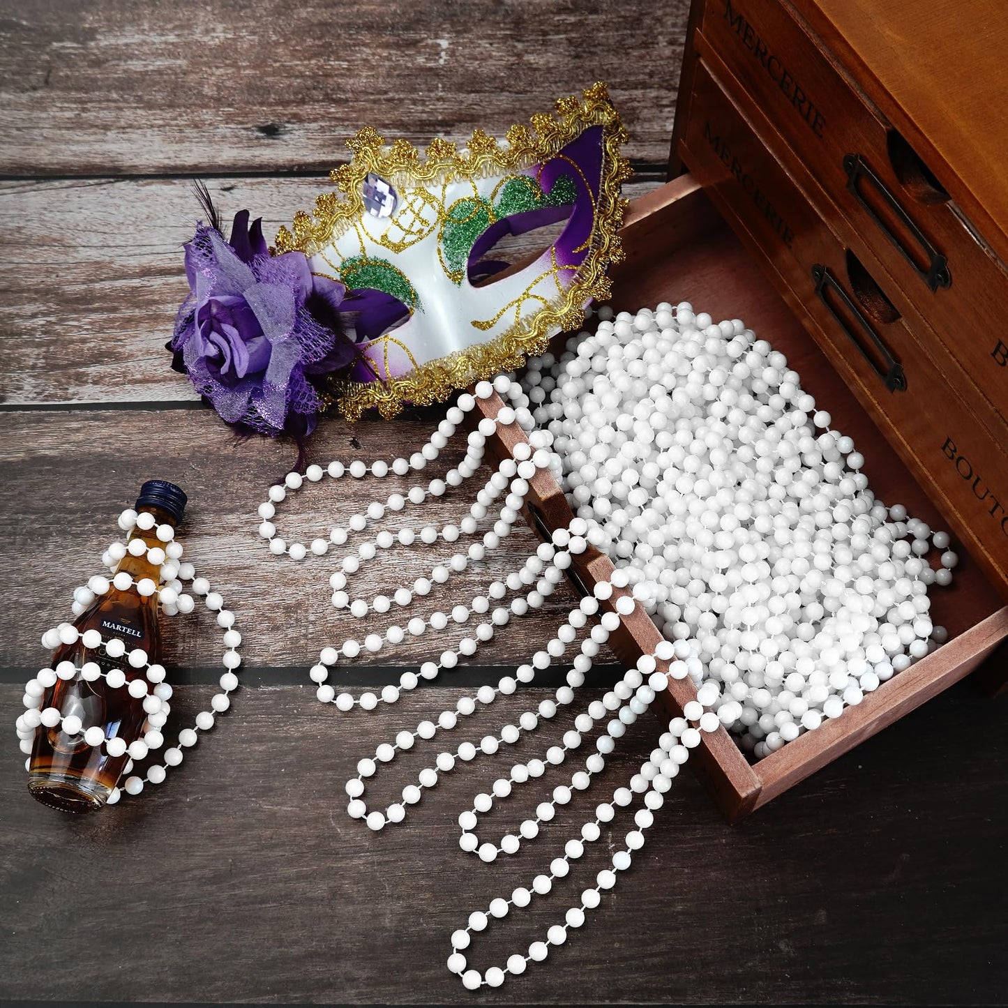 SHAOQINLIN 100-Pcs White Bead Necklaces – 33in Mardi Gras Beads for Holidays and Parades