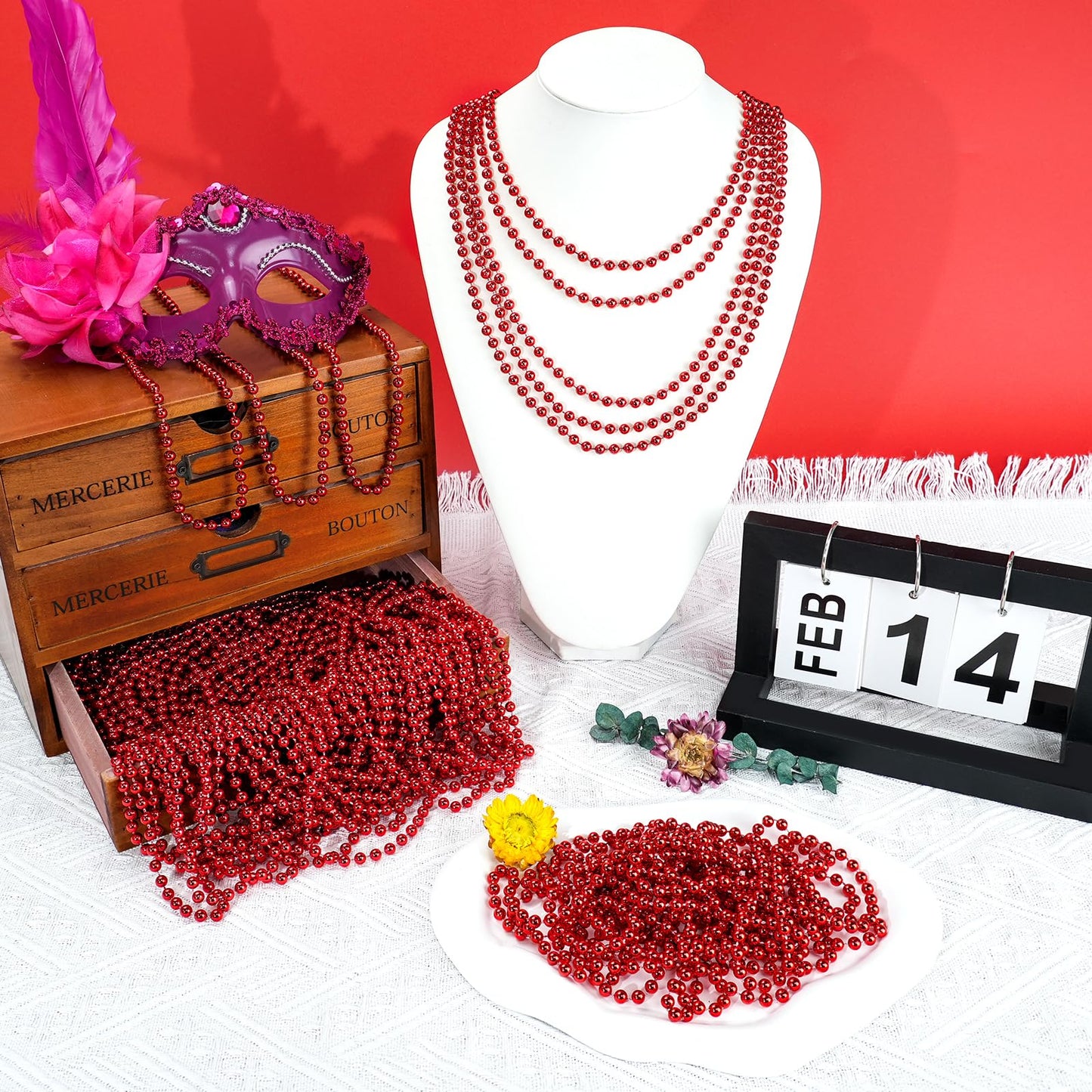 SHAOQINLIN 100 PCS Red Mardi Gras Beads – 33in Plastic Bead Necklaces for Parties, Weddings & Celebrations