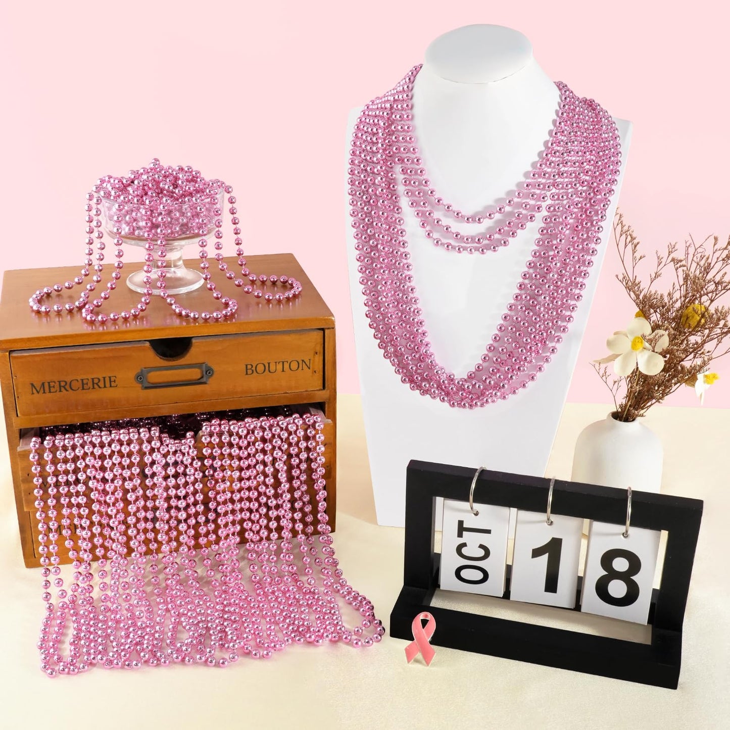 SHAOQINLIN 30 Pcs Pink Bead Necklace – 33" Pink Mardi Gras Beads for Parties