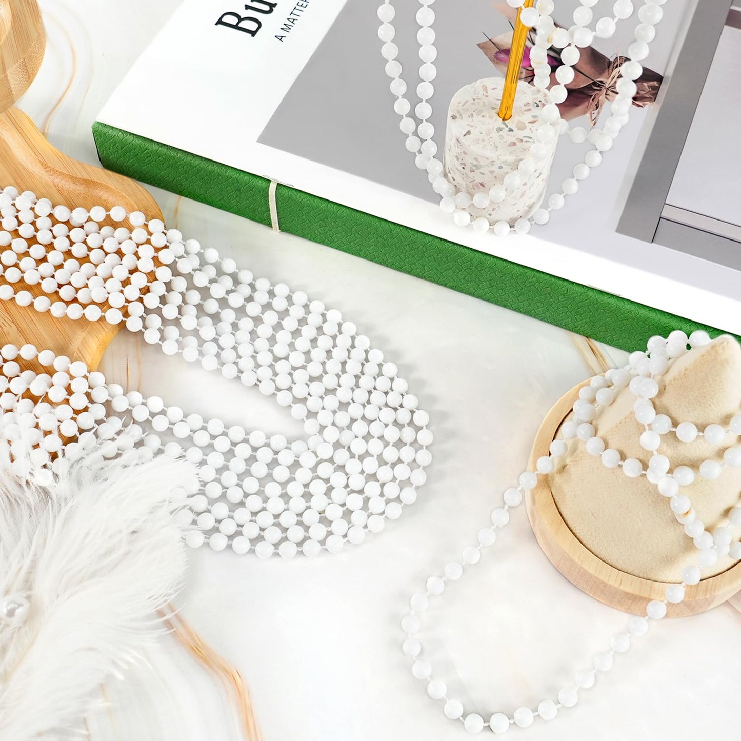 SHAOQINLIN 12-Pack White Bead Necklaces – 33-Inch Mardi Gras & Holiday Beads