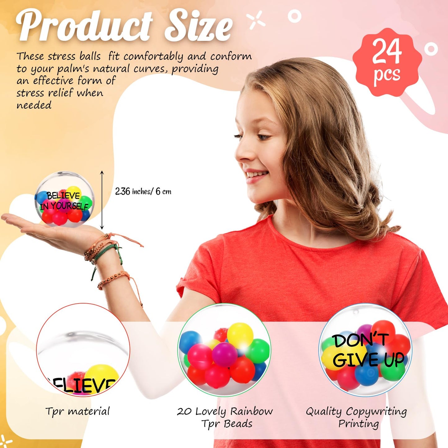 Shappy 24 Pcs Inspirational Stress Relief Balls – 2.36 Inch Colorful Motivational Squeeze Balls for Adults