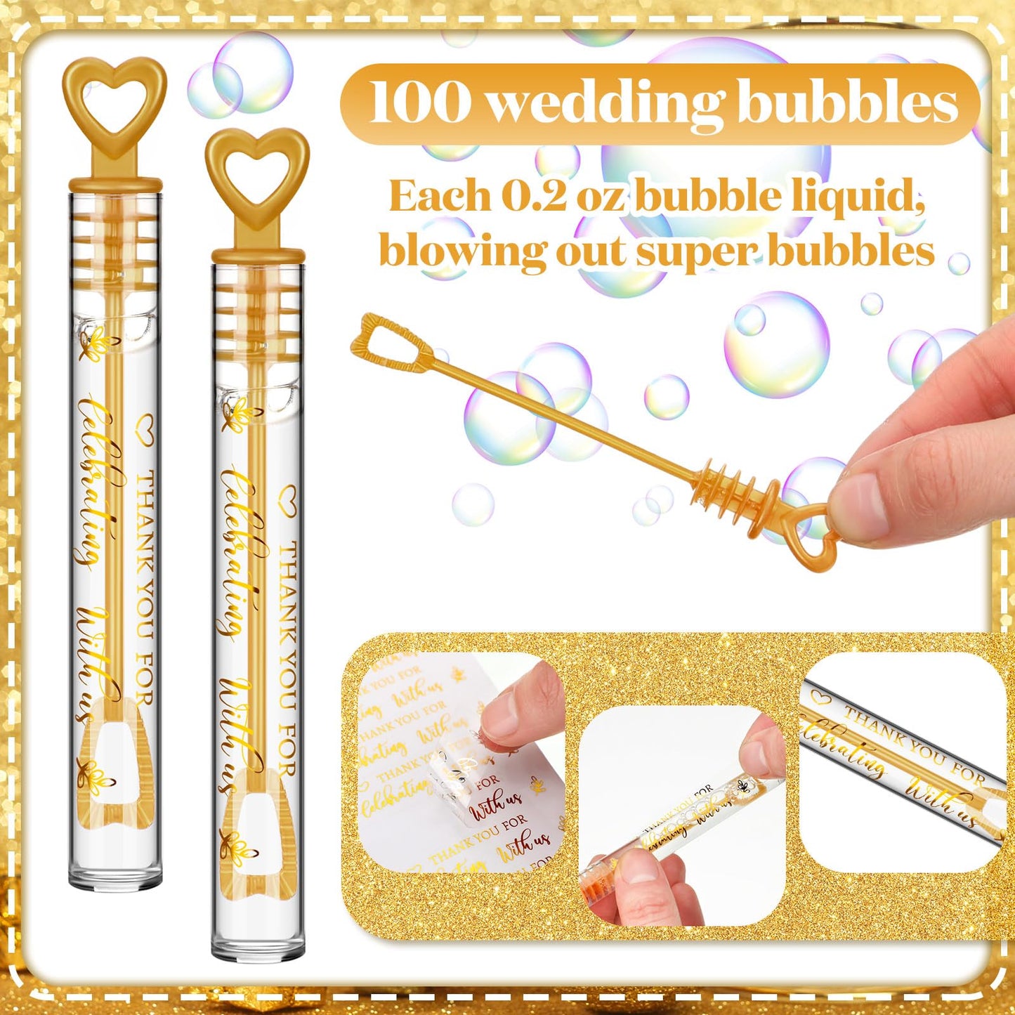 Shappy 100 Pcs Wedding Bubble Wands with Gold Heart – Bulk Party Favors & Goody Bag Fillers