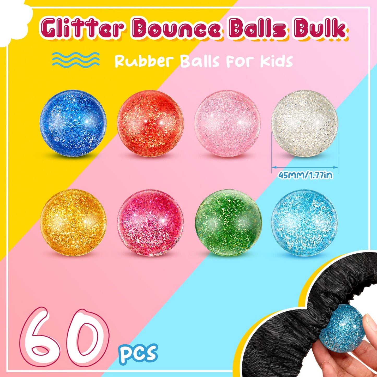 Shappy 60 Pcs 45mm Glitter Bouncy Balls Bulk with Storage Bag – Large Party Favors
