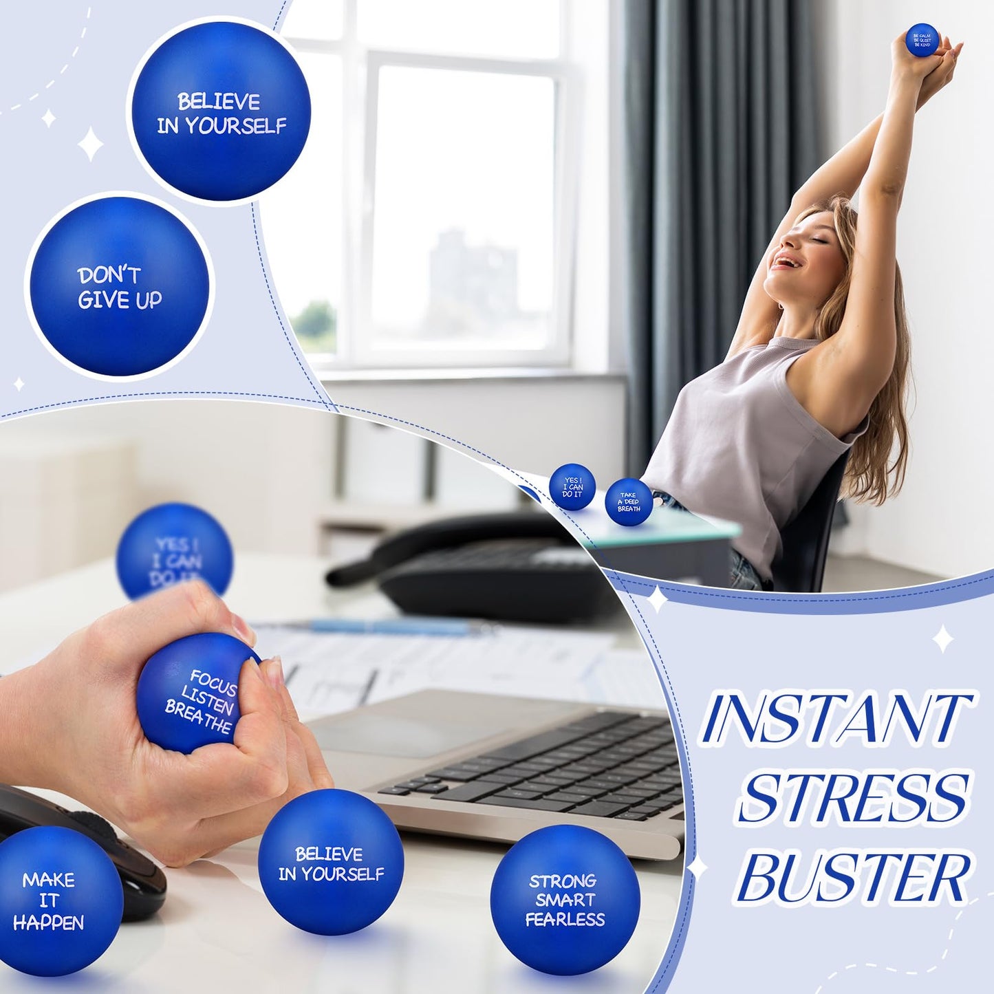 Shappy 72 Pcs Inspirational Stress Relief Balls – Motivational PU Fidget Toys for Adults (Blue)