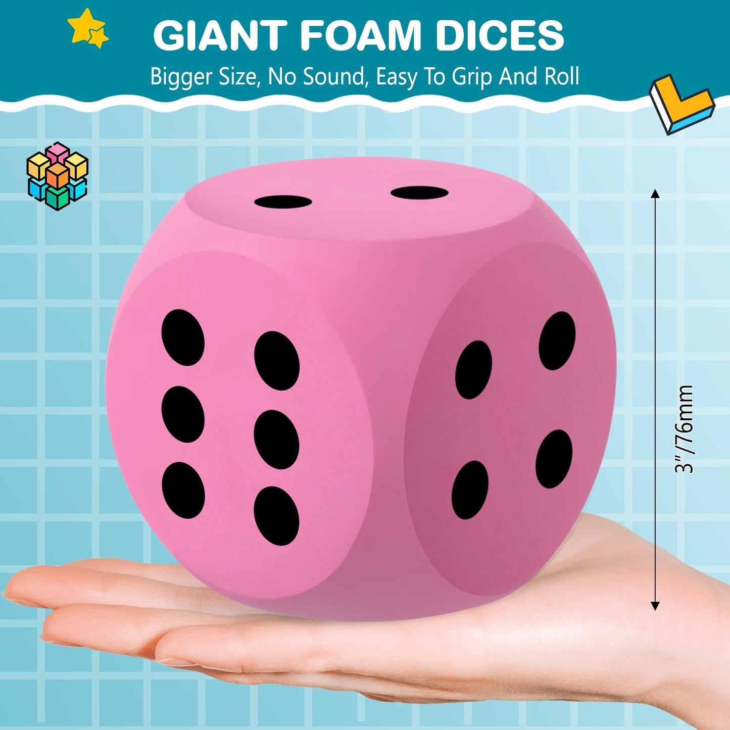 Shappy 3-Inch Pink Foam Dice — Large EVA Jumbo Dice for Learning & Games