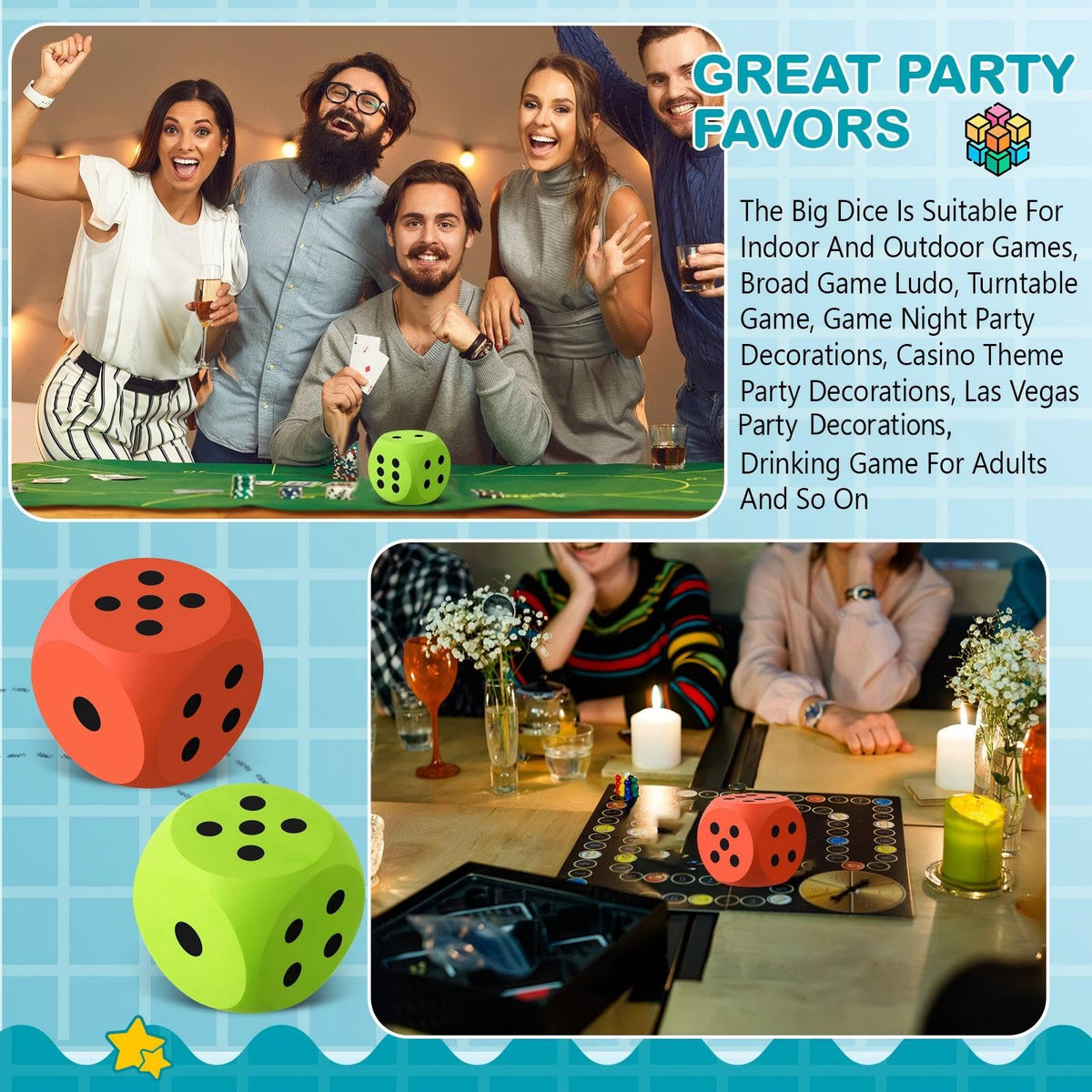 Shappy 3-Inch Foam Dice – Large Educational EVA Foam Jumbo Dice, Orange & Green (2 Pcs)