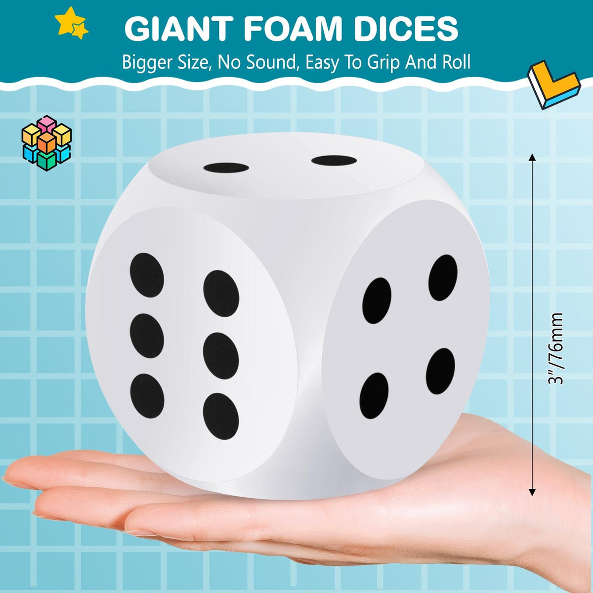 Shappy 3-Inch Foam Dice – Large White EVA Dice (2 Pcs) for Education & Game Nights