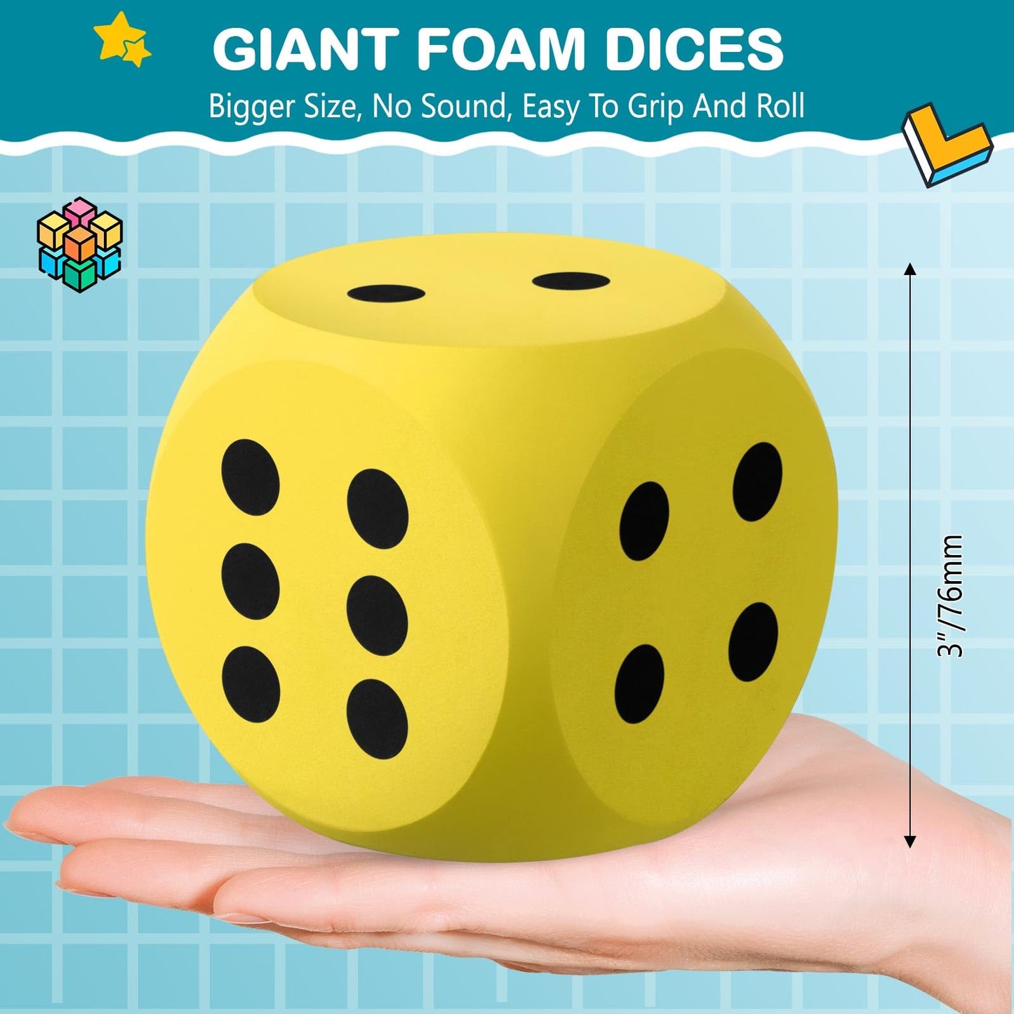 Shappy 3-Inch Foam Dice – Giant Yellow EVA Foam Dice for Learning & Game Nights