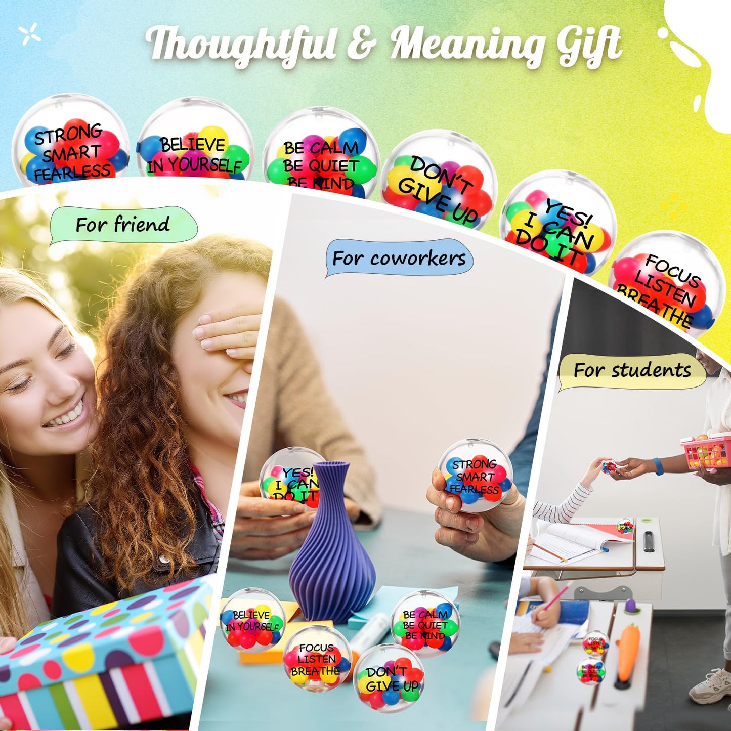 Shappy 24 Pcs Inspirational Stress Relief Balls – 2.36 Inch Colorful Motivational Squeeze Balls for Adults