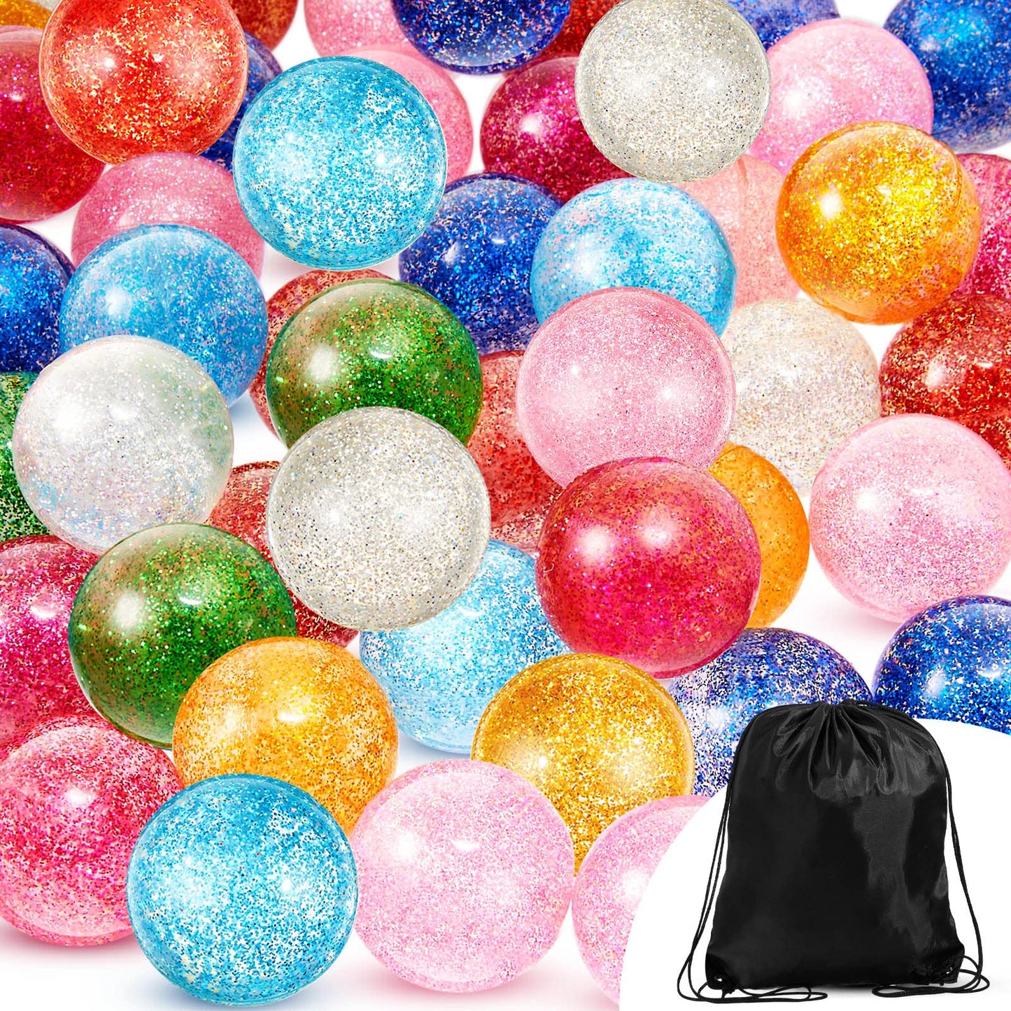 Shappy 60 Pcs 45mm Glitter Bouncy Balls Bulk with Storage Bag – Large Party Favors