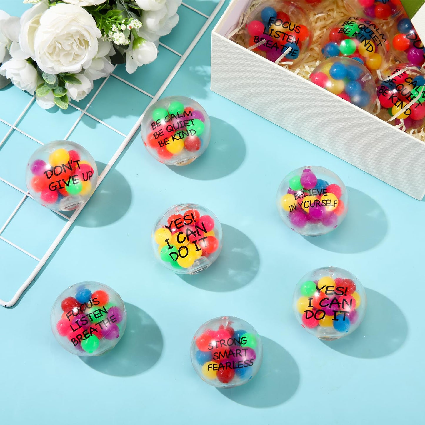 Shappy 24 Pcs Inspirational Stress Relief Balls – 2.36 Inch Colorful Motivational Squeeze Balls for Adults