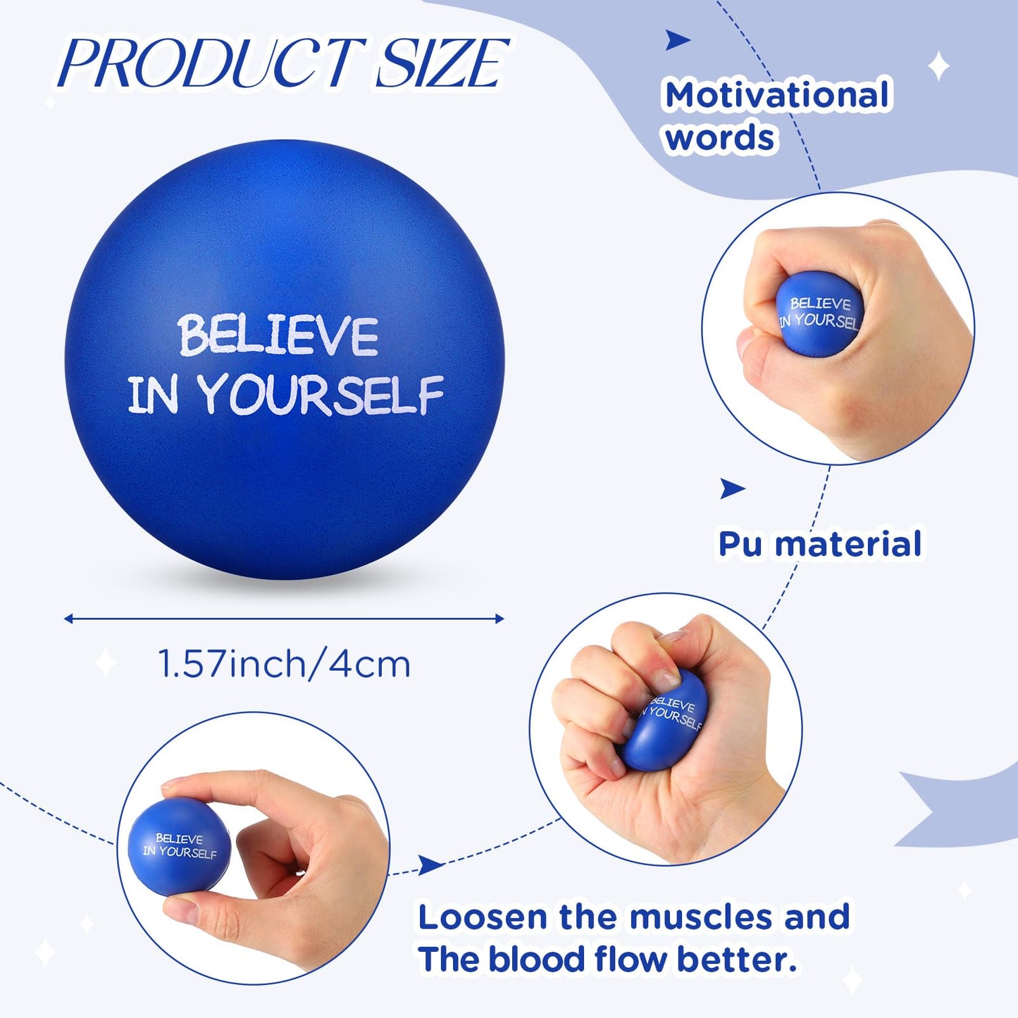 Shappy 72 Pcs Inspirational Stress Relief Balls – Motivational PU Fidget Toys for Adults (Blue)