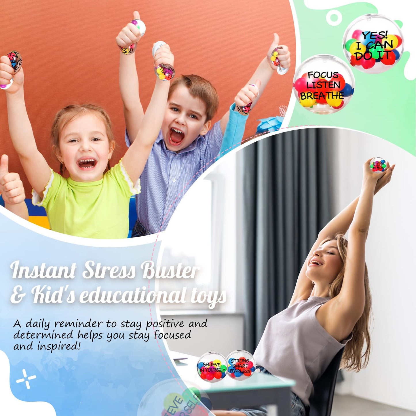 Shappy 24 Pcs Inspirational Stress Relief Balls – 2.36 Inch Colorful Motivational Squeeze Balls for Adults