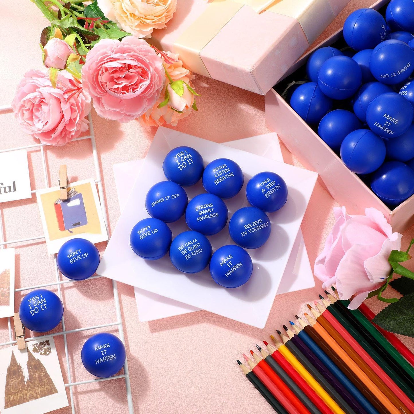 Shappy 72 Pcs Inspirational Stress Relief Balls – Motivational PU Fidget Toys for Adults (Blue)