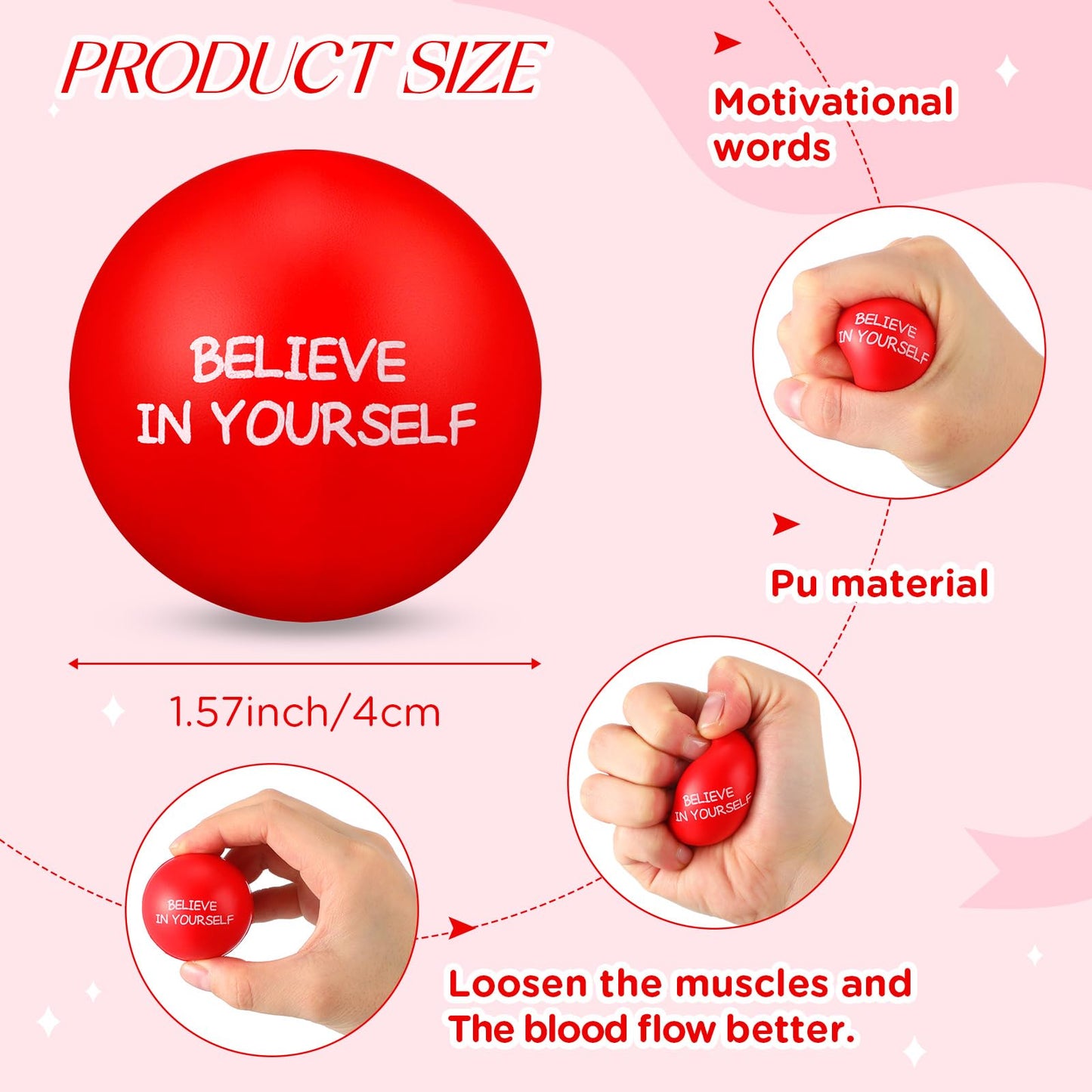 Shappy 72 Pcs Inspirational Stress Relief Balls – Motivational PU Fidget Toys for Adults (Red)