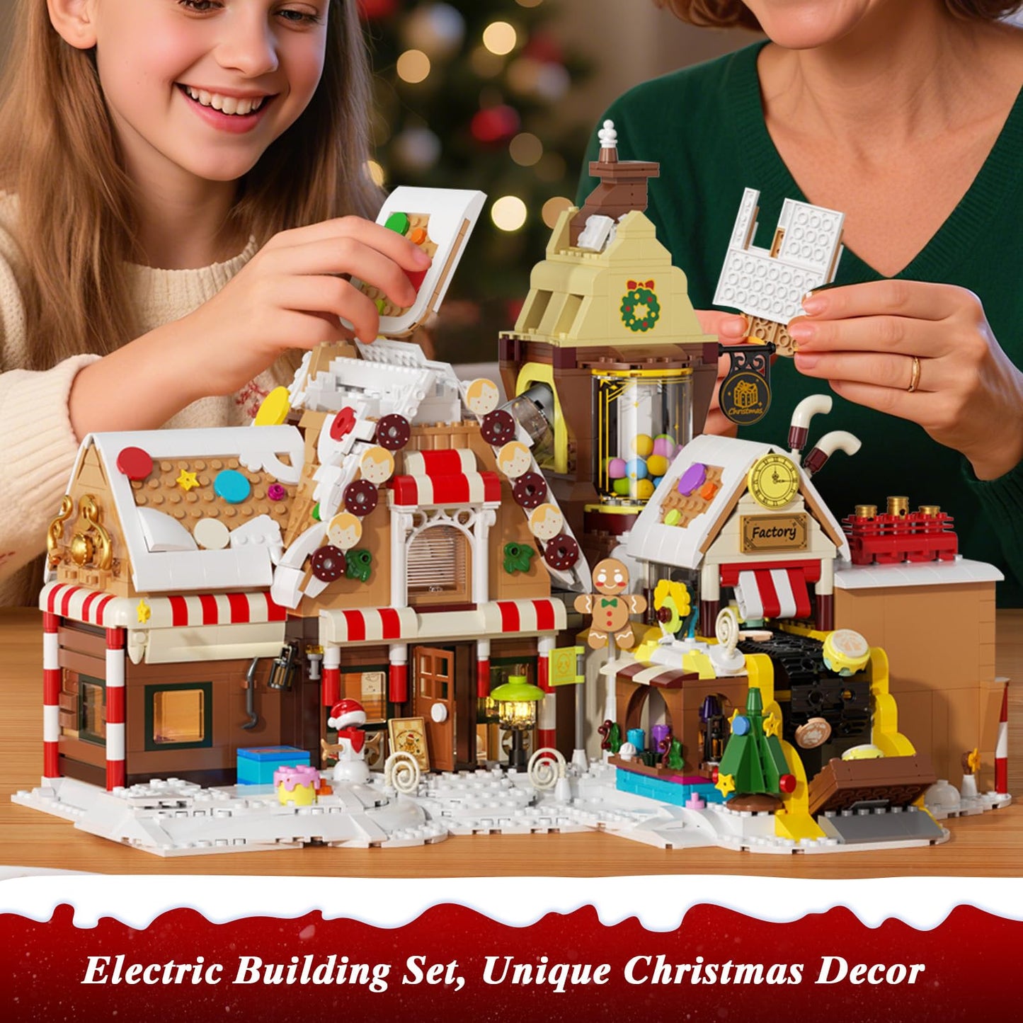 SHAREHB Christmas Gingerbread Factory Building Set – Motorized DIY Candy Kit