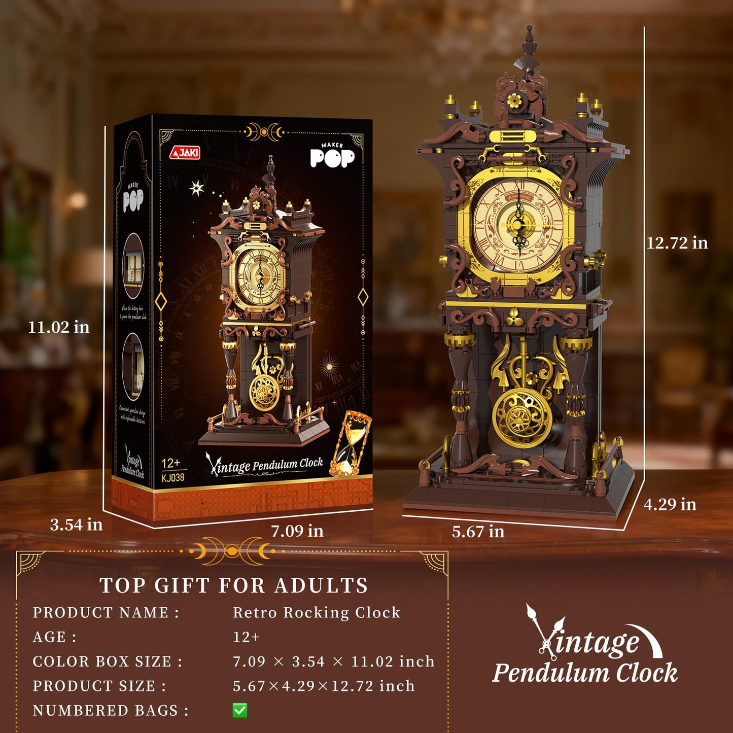 SHAREHB Vintage Swing Clock Building Blocks Set — Real Pendulum & Rotating Dial