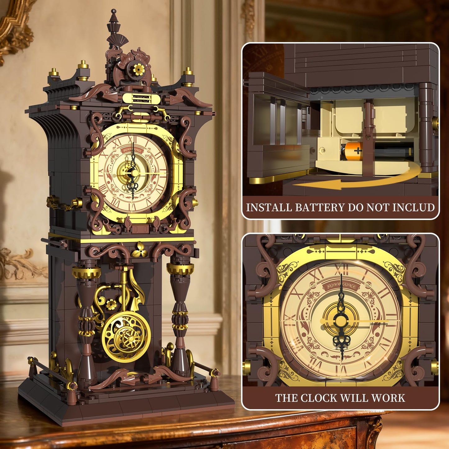 SHAREHB Vintage Swing Clock Building Blocks Set — Real Pendulum & Rotating Dial