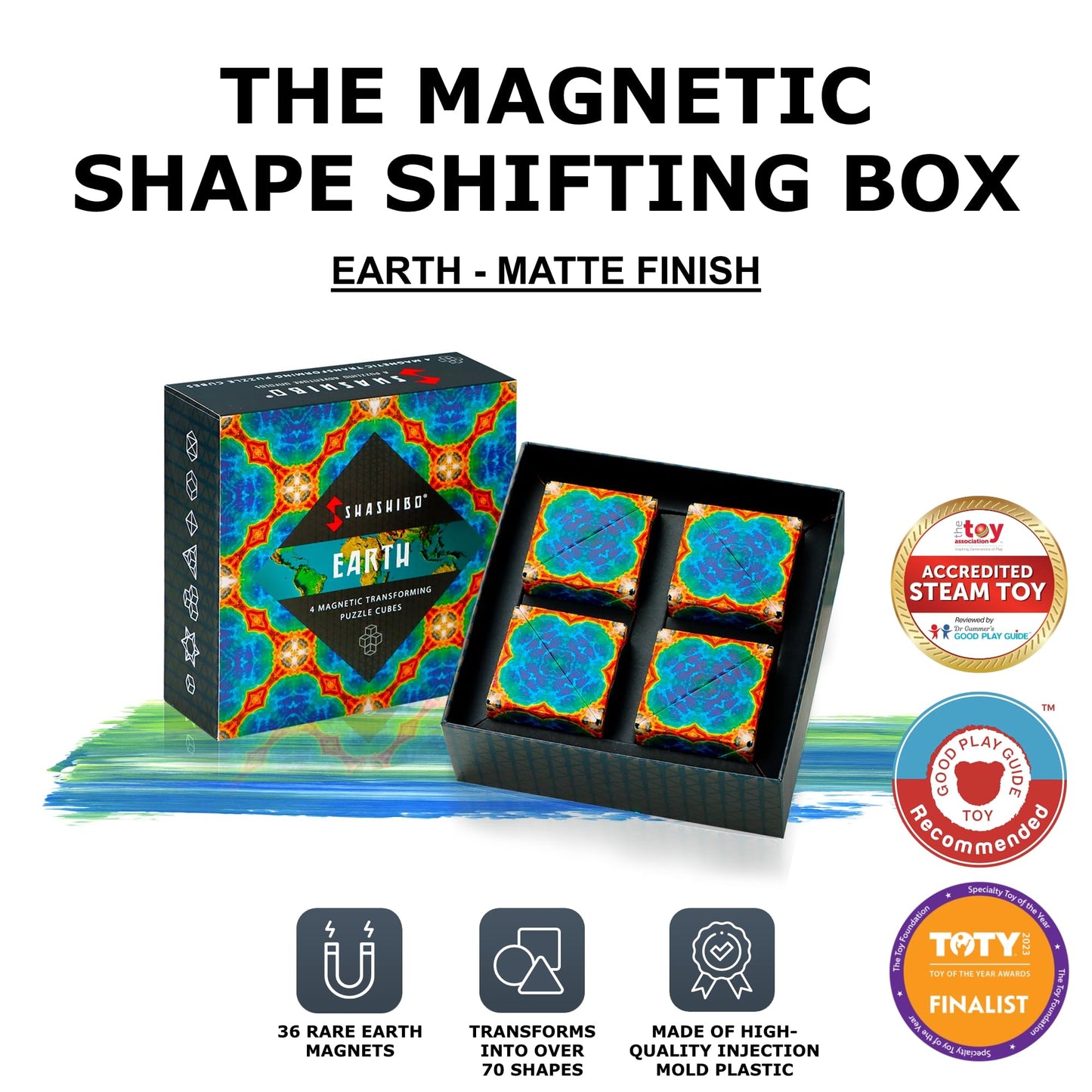 Shashibo Shape Shifting Box – 36 Magnets, 100+ Shapes, Award-Winning Puzzle Cube (Earth, 4 Pack)