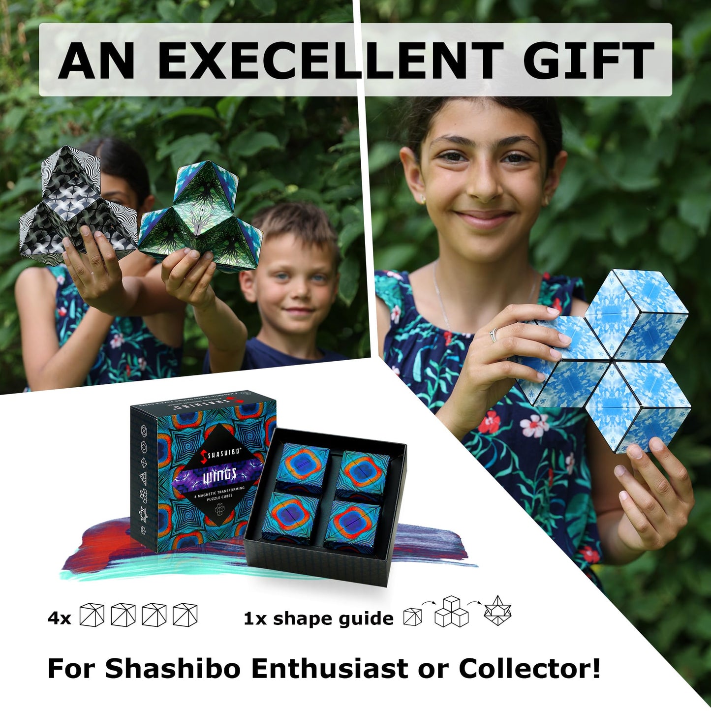 Shashibo Shape Shifting Box — 36 Magnets, 100+ Shapes, 4-Pack Gift Box + App