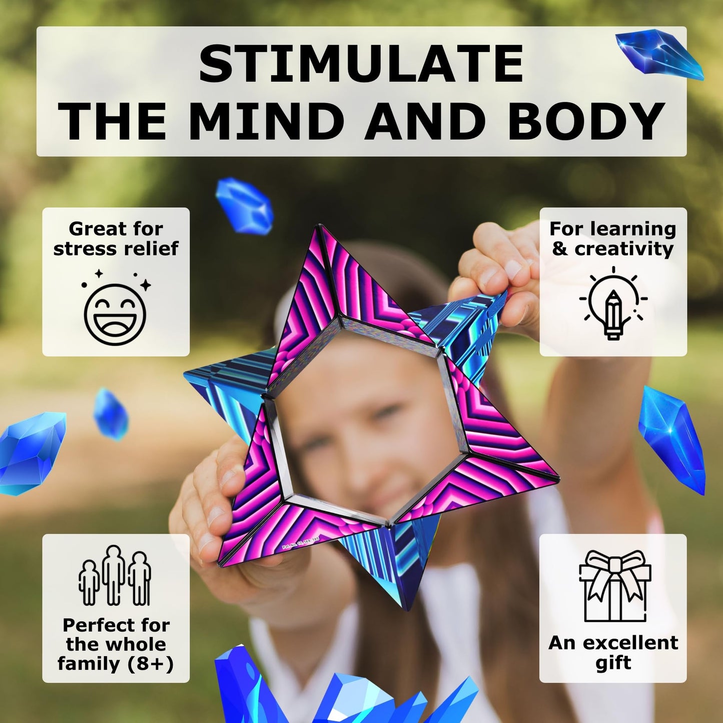 Shashibo Shape Shifting Box – Magnetic STEM Fidget Toy, 100+ Shapes, Blue Crystal