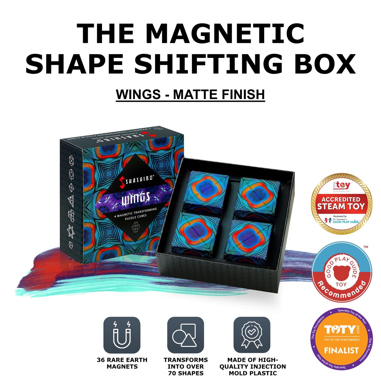 Shashibo Shape Shifting Box — 36 Magnets, 100+ Shapes, 4-Pack Gift Box + App