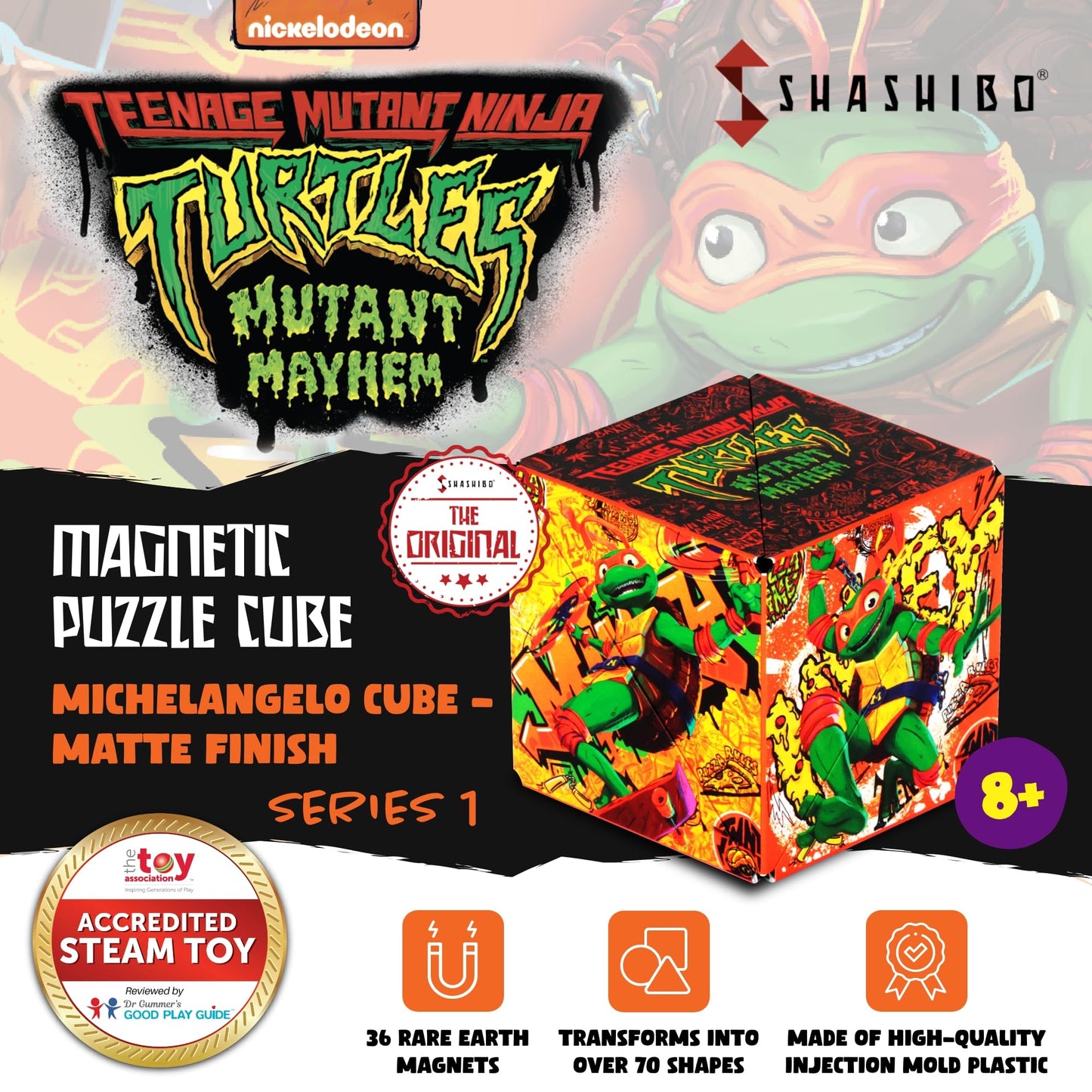 SHASHIBO TMNT Mikey Shape Shifter – 70+ Shapes, Magnetic Fidget Cube with App