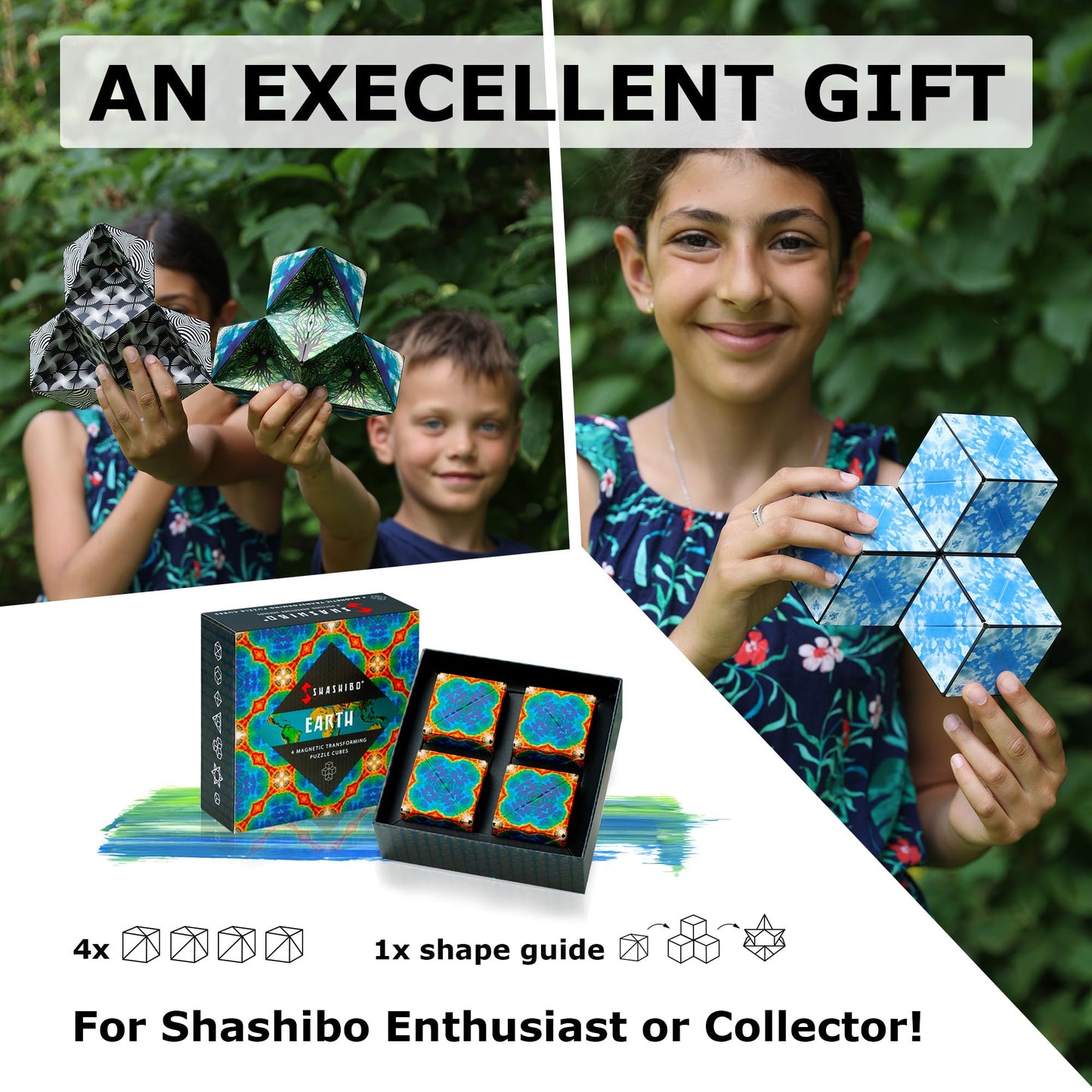 Shashibo Shape Shifting Box – 36 Magnets, 100+ Shapes, Award-Winning Puzzle Cube (Earth, 4 Pack)