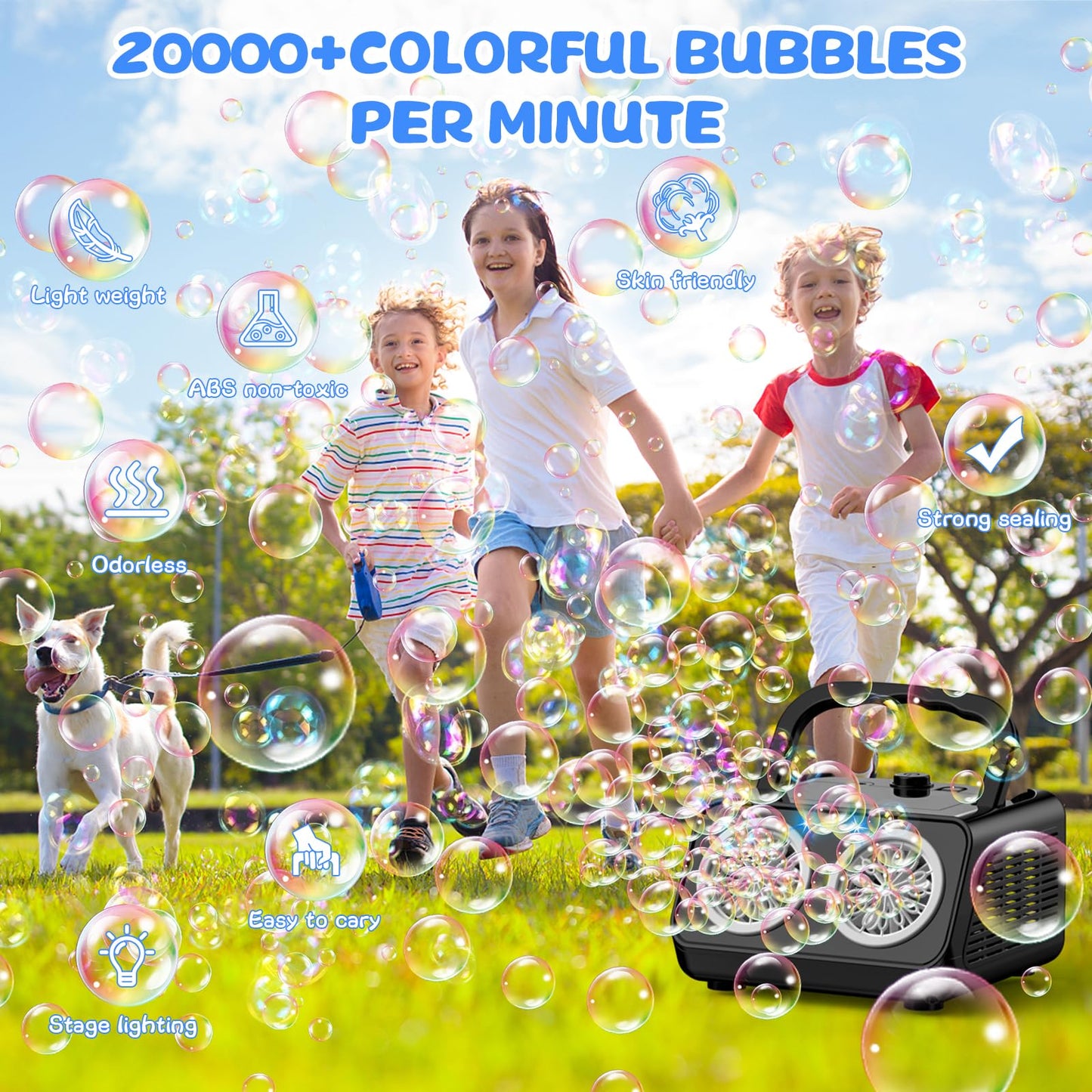 SHCKE Automatic Bubble Machine – 20,000+ Bubbles/Min, 2 Fans, Portable or Plug-In