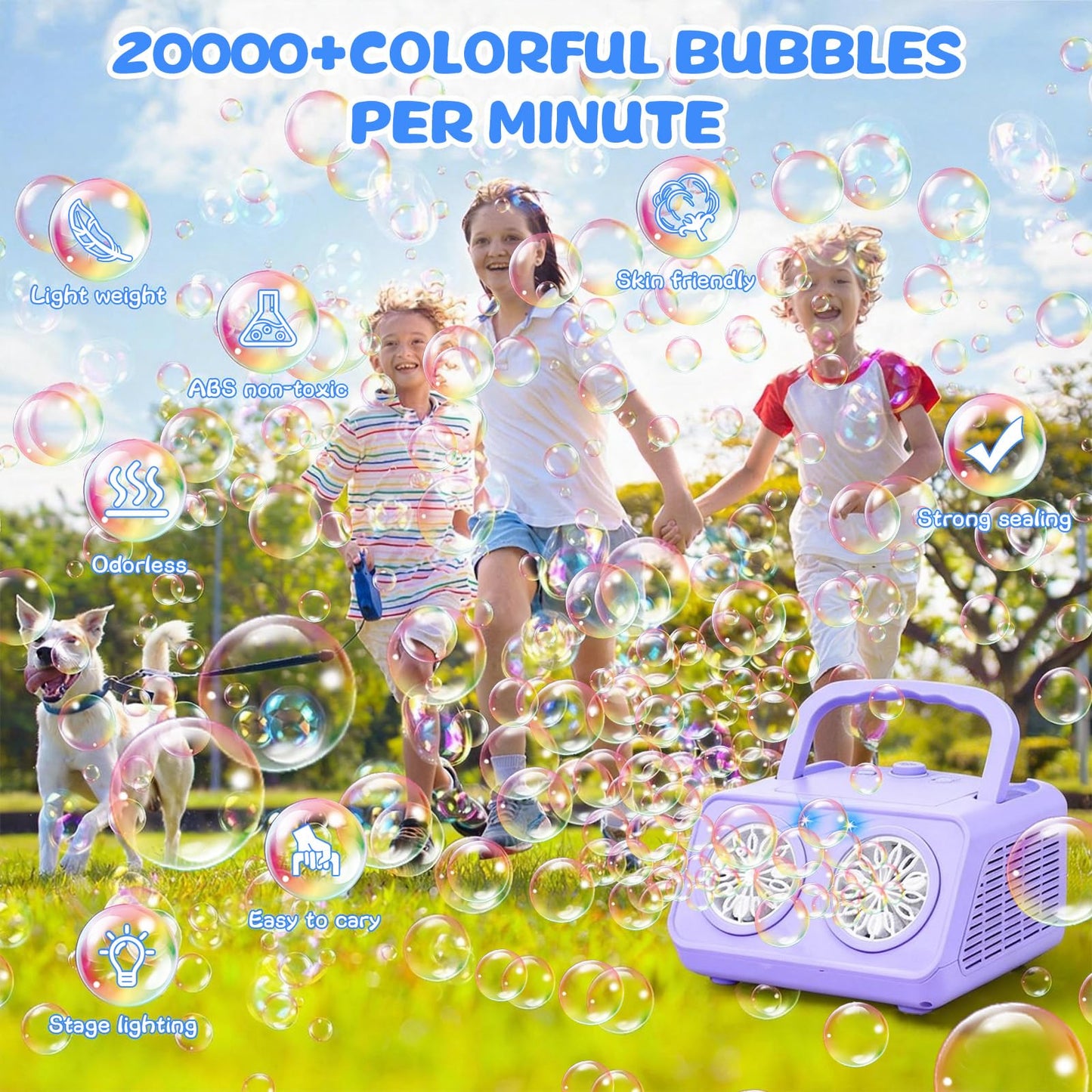 SHCKE Automatic Bubble Machine – 20000+ Bubbles/Min, Portable with 2 Fans