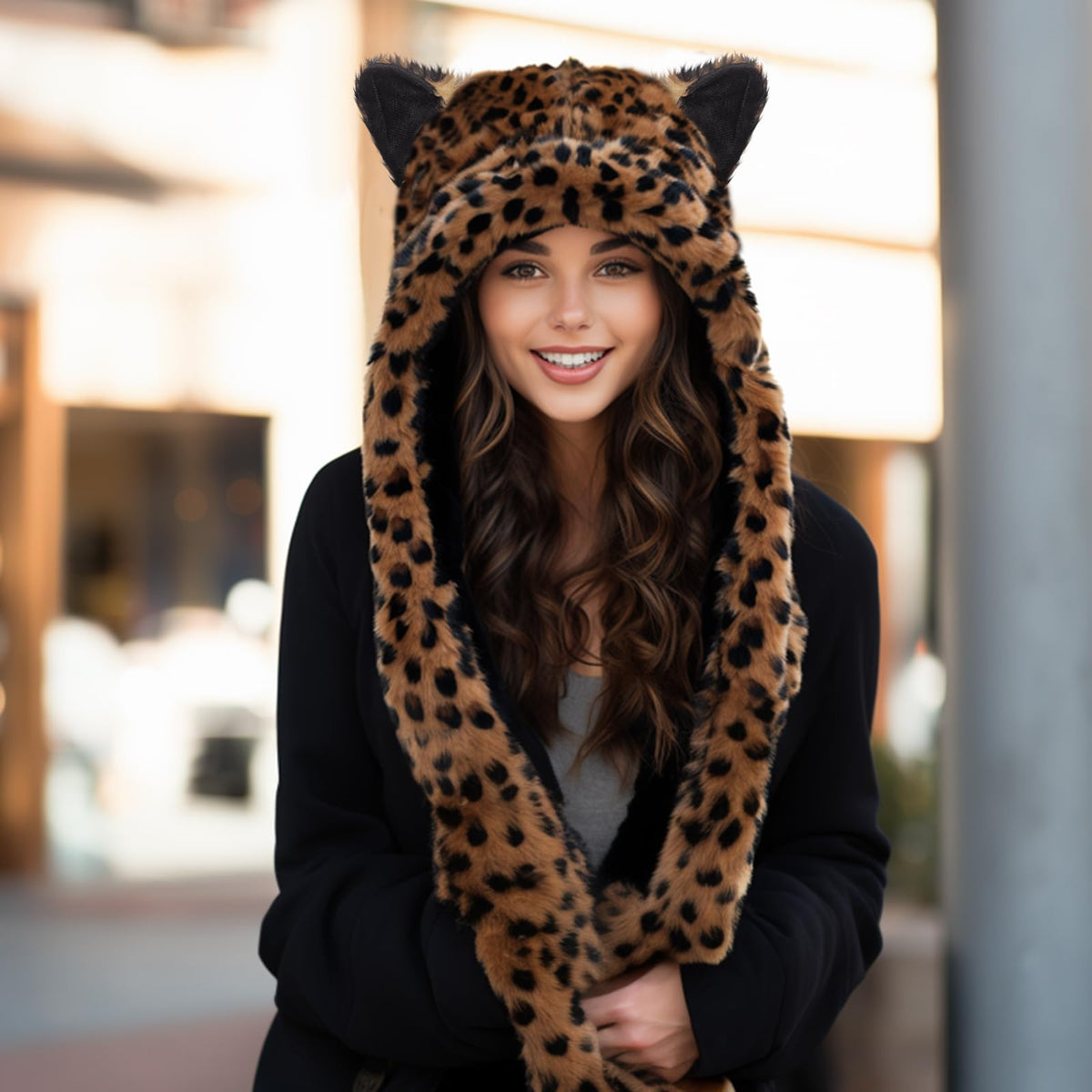ShellKingdom Plush Leopard Hat – 3-in-1 Faux Fur Hood for Winter