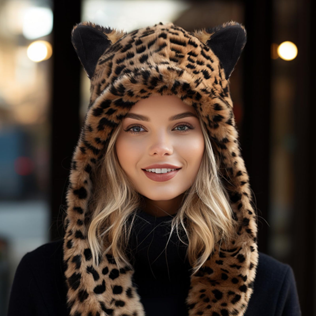 ShellKingdom Plush Leopard Hat – 3-in-1 Faux Fur Hood for Winter