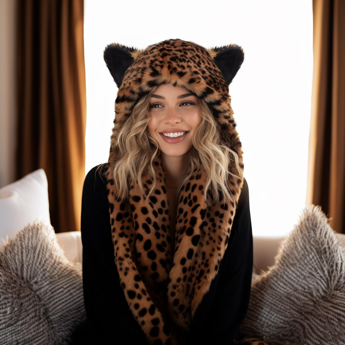ShellKingdom Plush Leopard Hat – 3-in-1 Faux Fur Hood for Winter