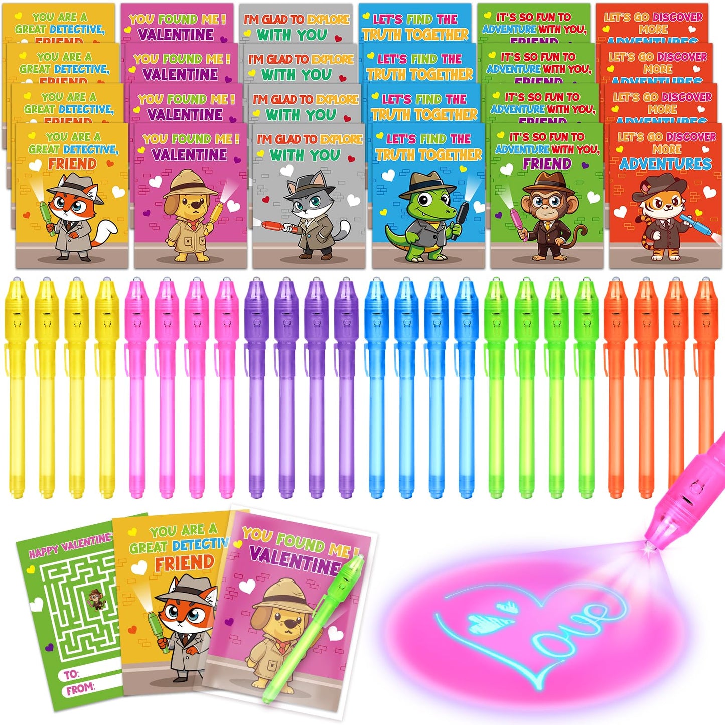 Shemira 24-Pack Valentines Day Cards for Kids with Invisible Ink Pens – Detective Theme Classroom Exchange & Party Favors