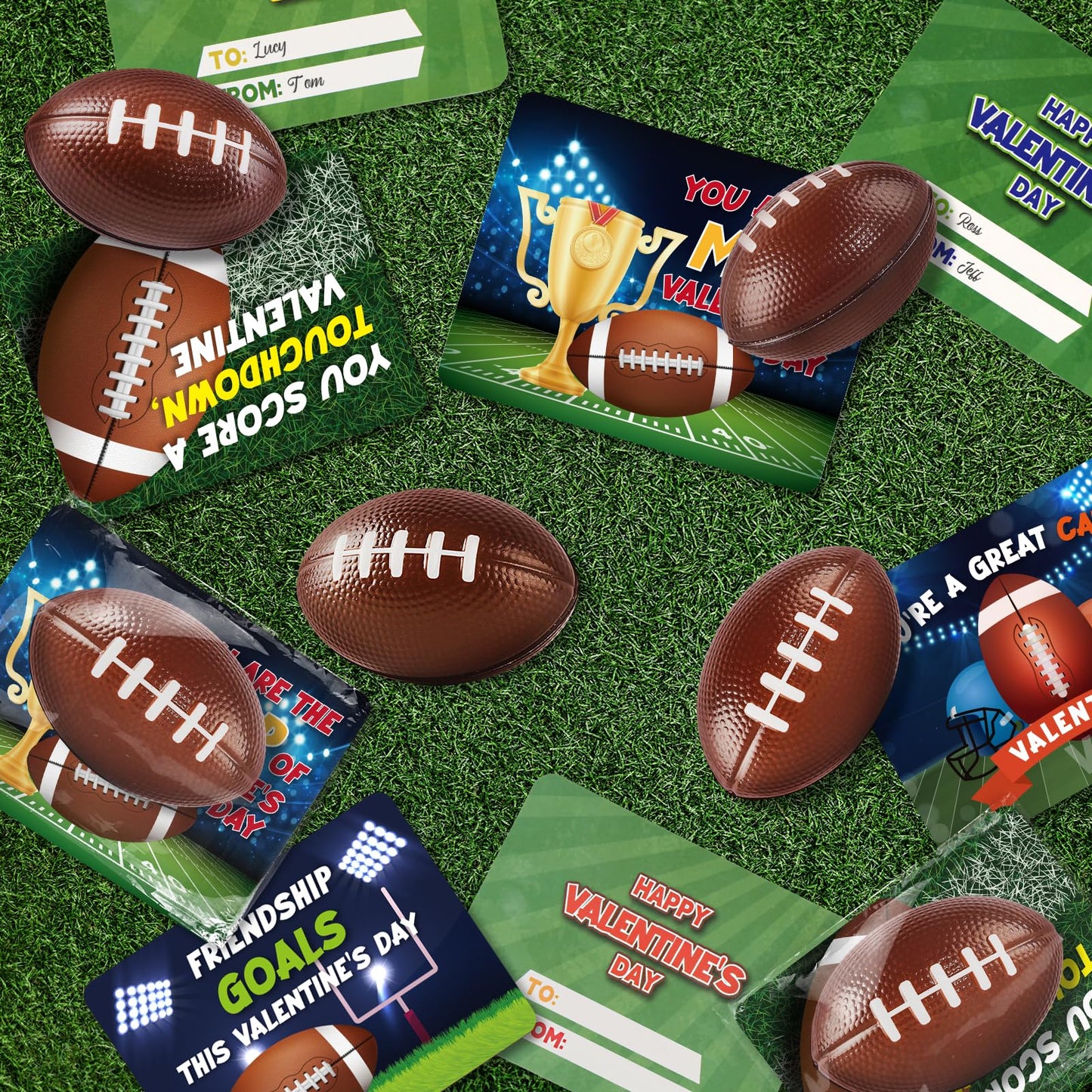 Shemira 24-Pack Valentine Cards with Squeeze Footballs for Kids – Classroom Gift Exchange Kit