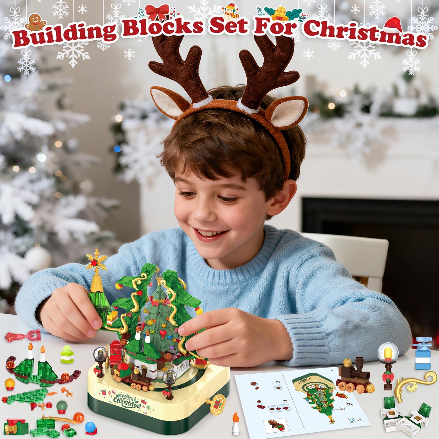 Shemira 594-Piece Christmas Tree Building Block Toy Set | Rotating Music Box