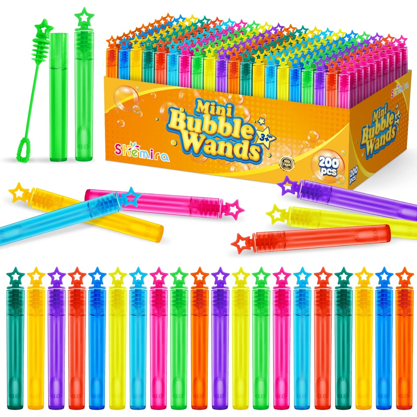 Shemira Bubble Wand Set – 200 Mini Neon Wands in 10 Colors for Parties & Gifts